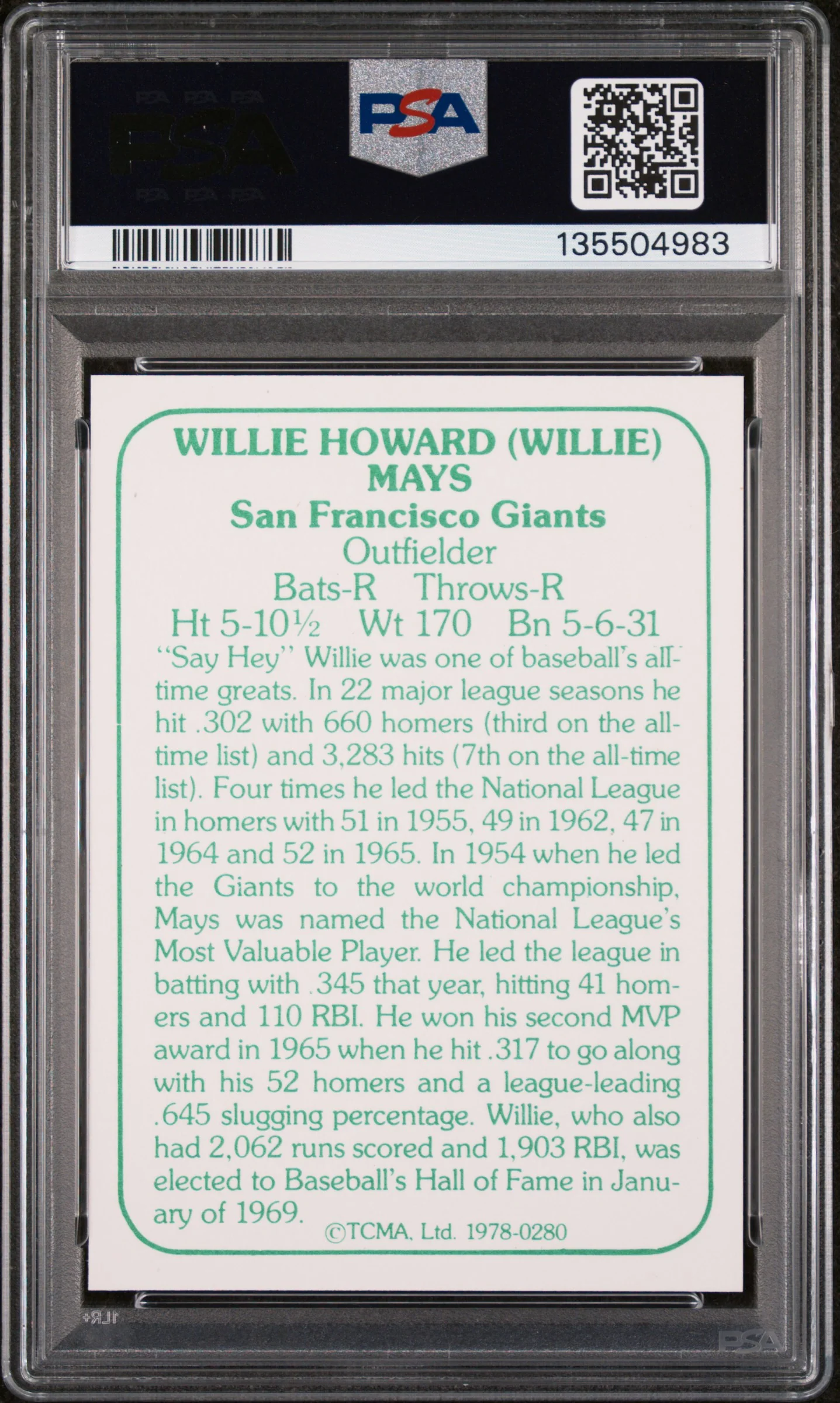 1978 Tcma 60's I Willie Mays #280 PSA 9 - Image 2