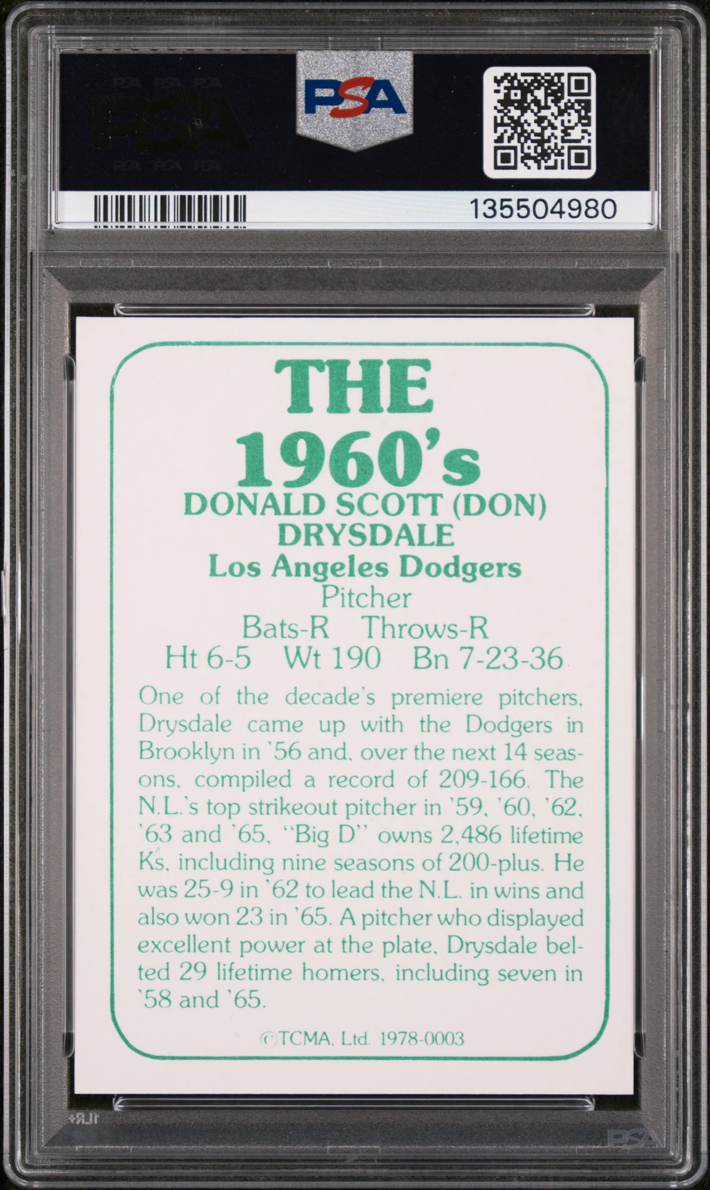1978 Tcma the 1960's Don Drysdale #3 PSA 8 - Image 2