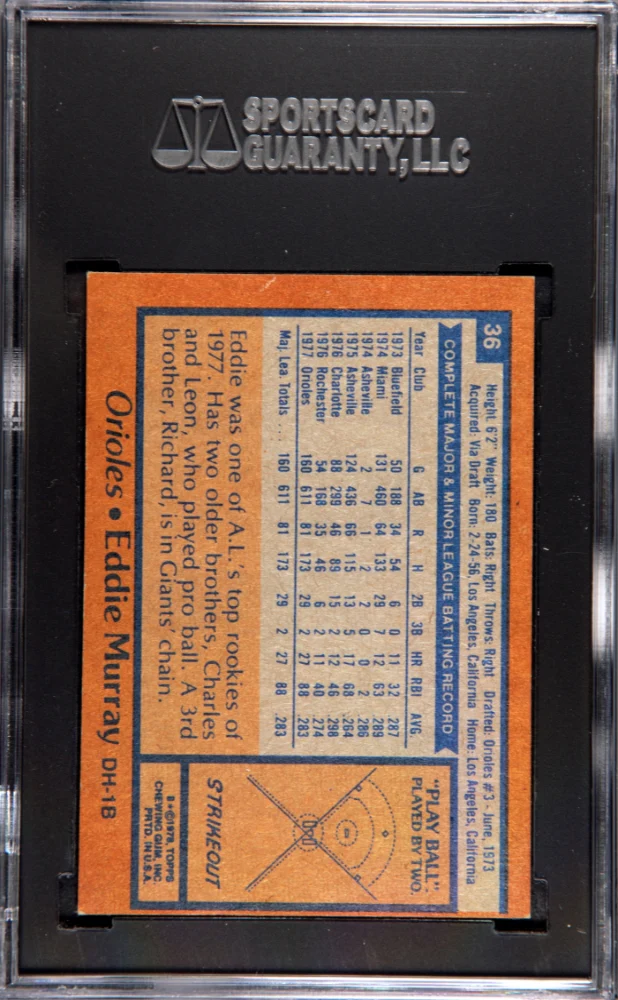 1978 Topps #36 Eddie Murray SGC 7 - Image 2