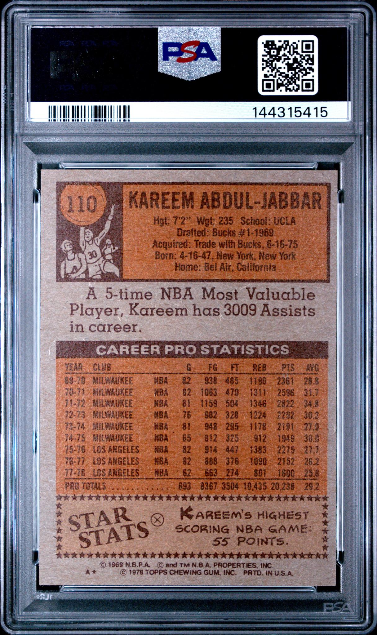 1978 Topps Kareem Abdul Jabbar #110 PSA 5 - Image 2
