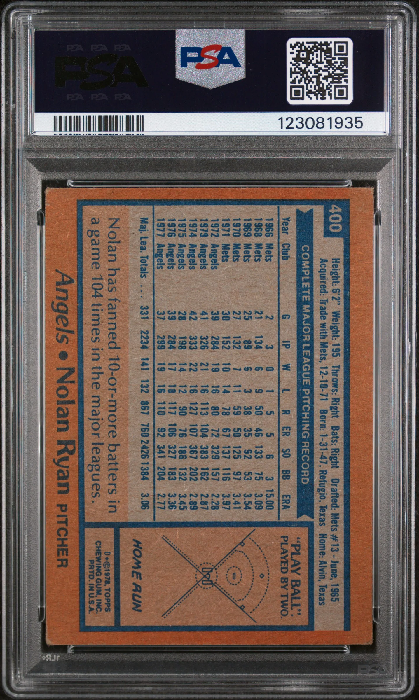1978 Topps Nolan Ryan #400 PSA 4 - Image 2