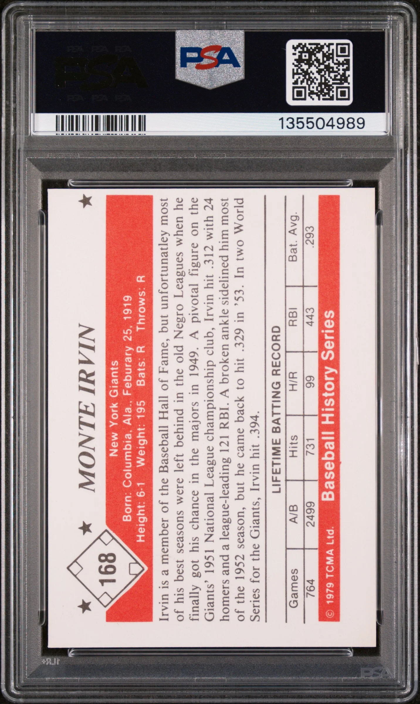 1979 Tcma Baseball History Series Monte Irvin #168 PSA 8 - Image 2