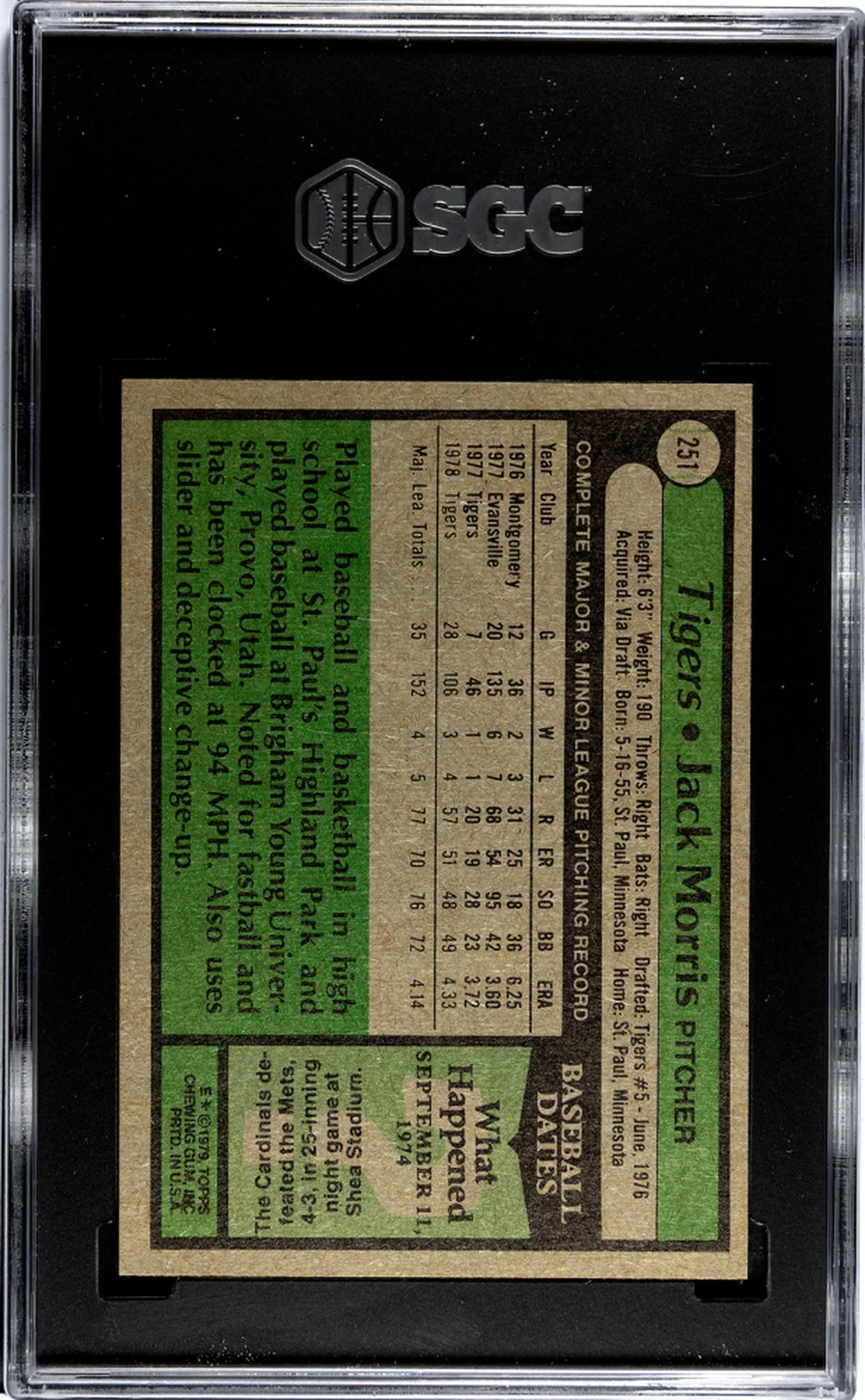 1979 Topps #251 Jack Morris SGC 8.5 - Image 2