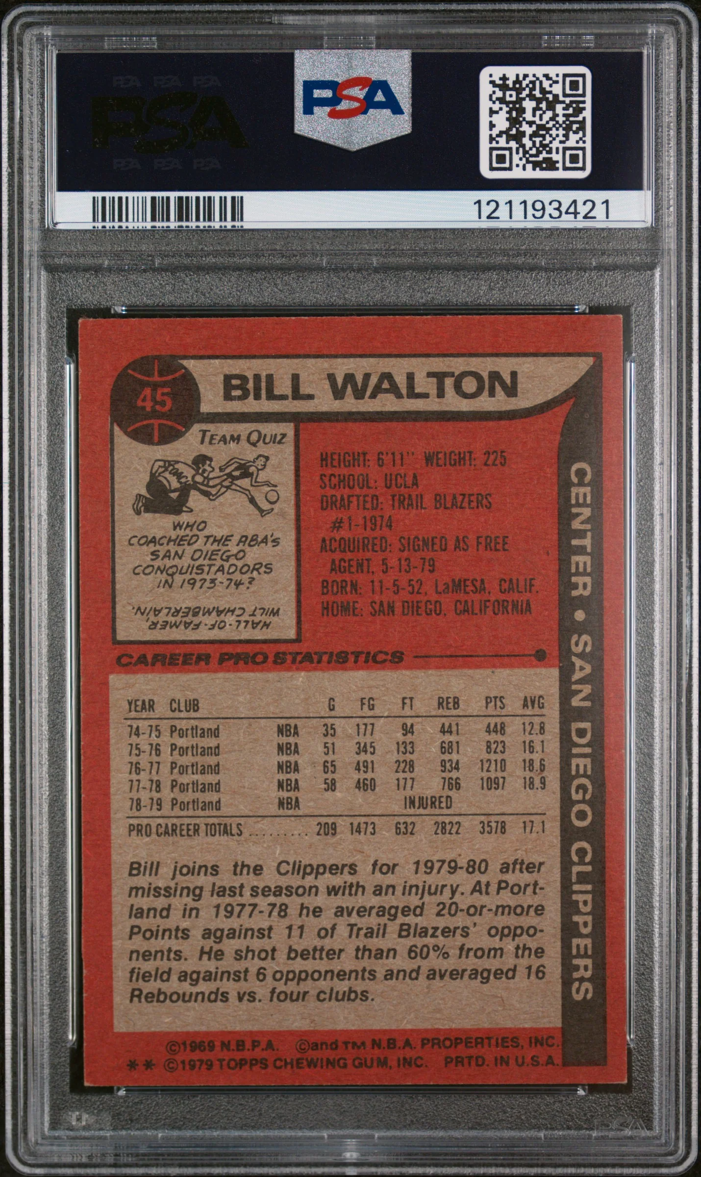 1979 Topps Bill Walton #45 PSA 7 - Image 2