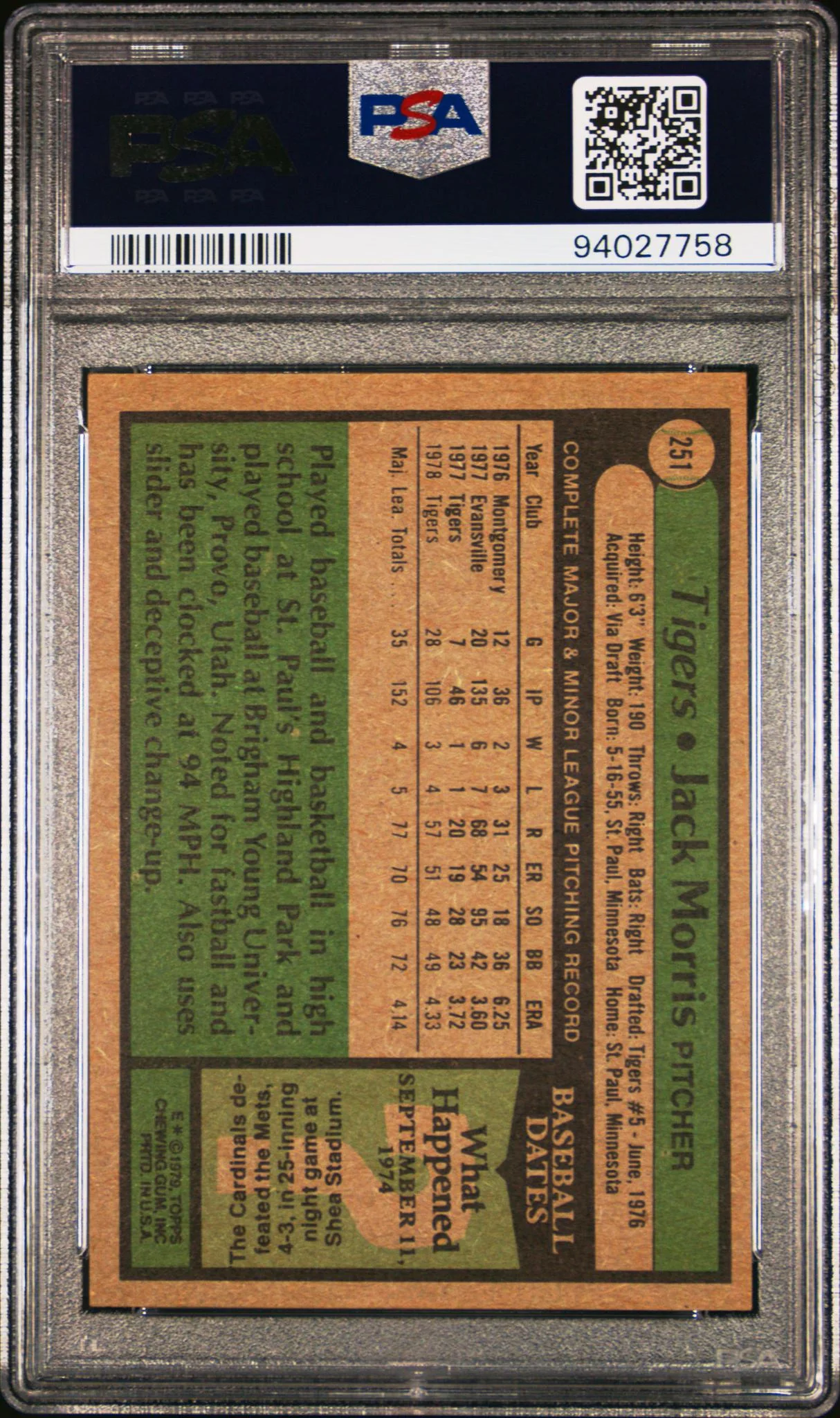 1979 Topps Jack Morris #251 PSA 8 - Image 2