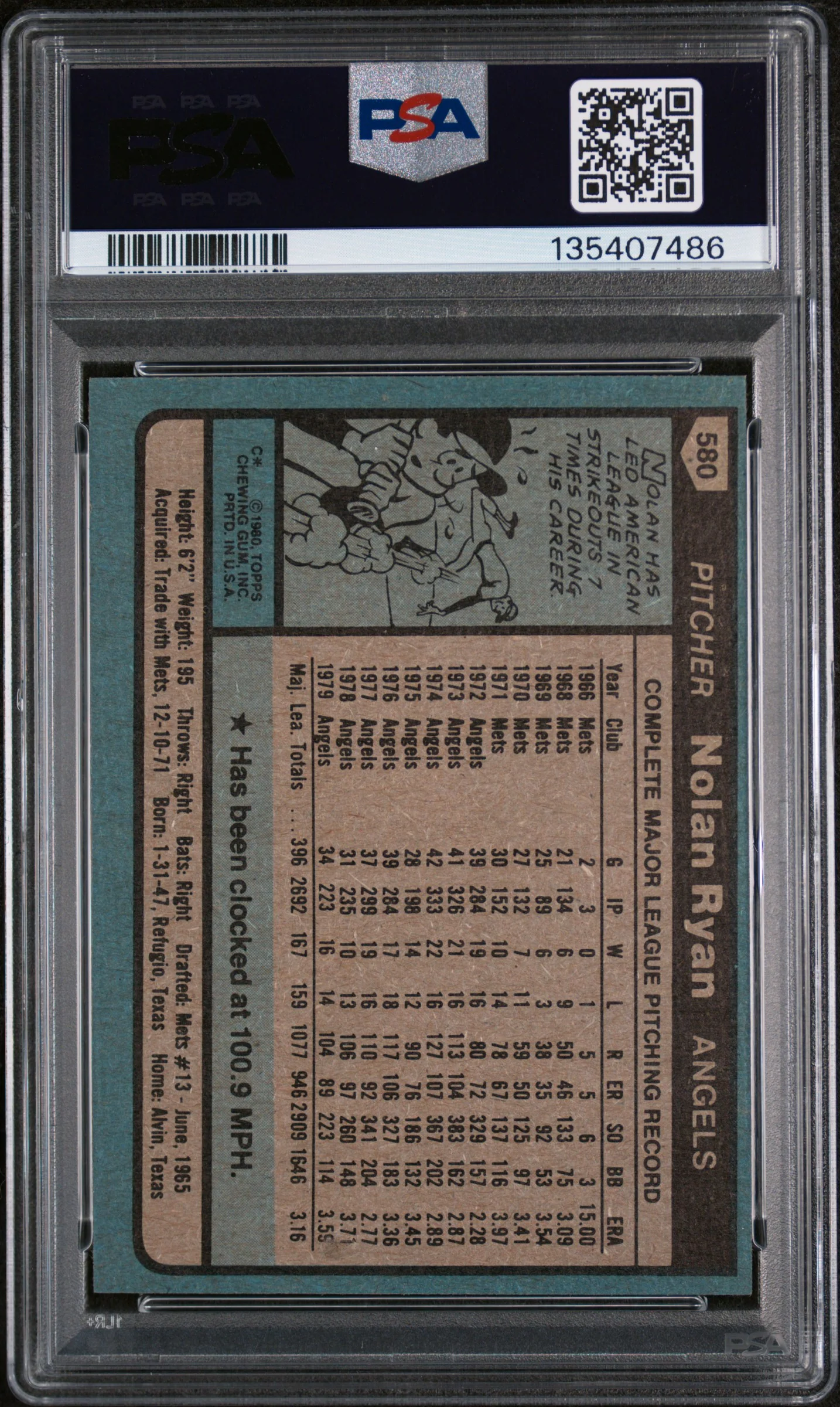 1980 Topps Nolan Ryan #580 PSA 6 - Image 2