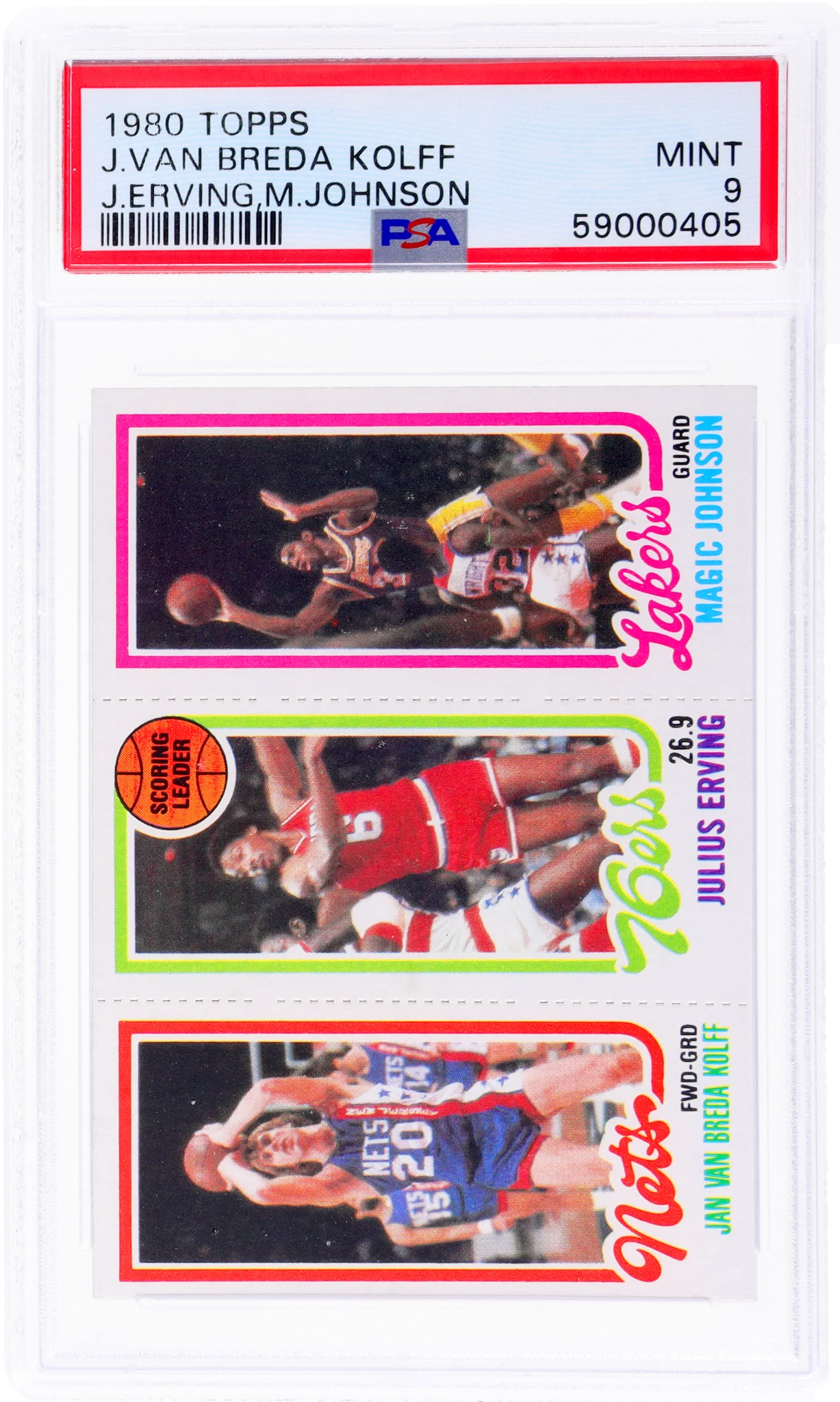 1980 Topps Scoring Leader Jan Van Breda Kolff/Julius Erving/Magic Johnson #146 PSA 9 - Image 2