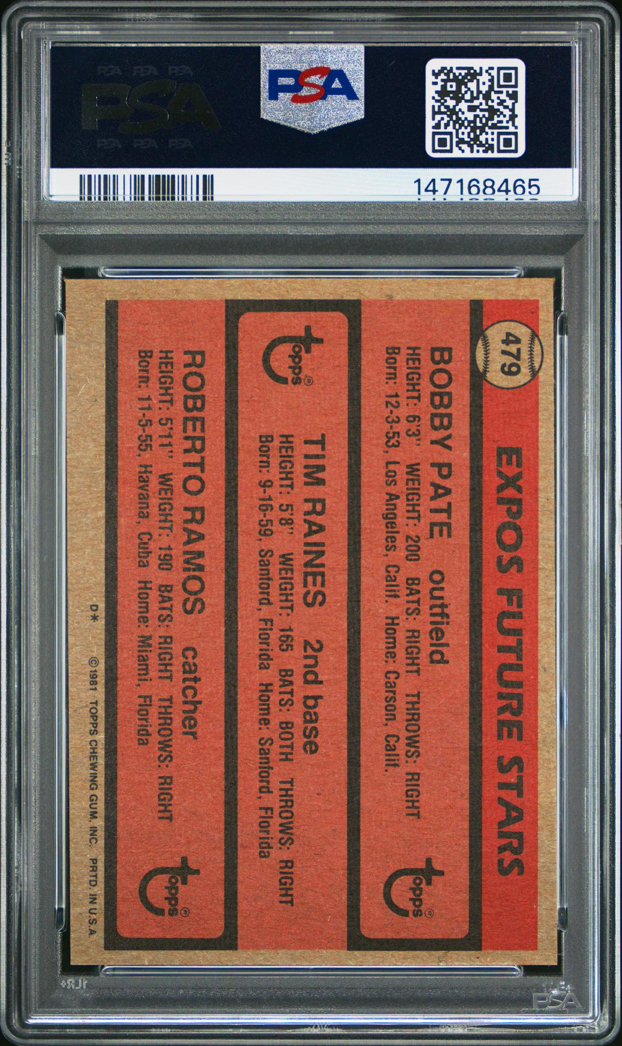 1981 Topps Expos Future Stars Bobby Pate/Roberto Ramos/Tim Raines #479 PSA 8 - Image 2