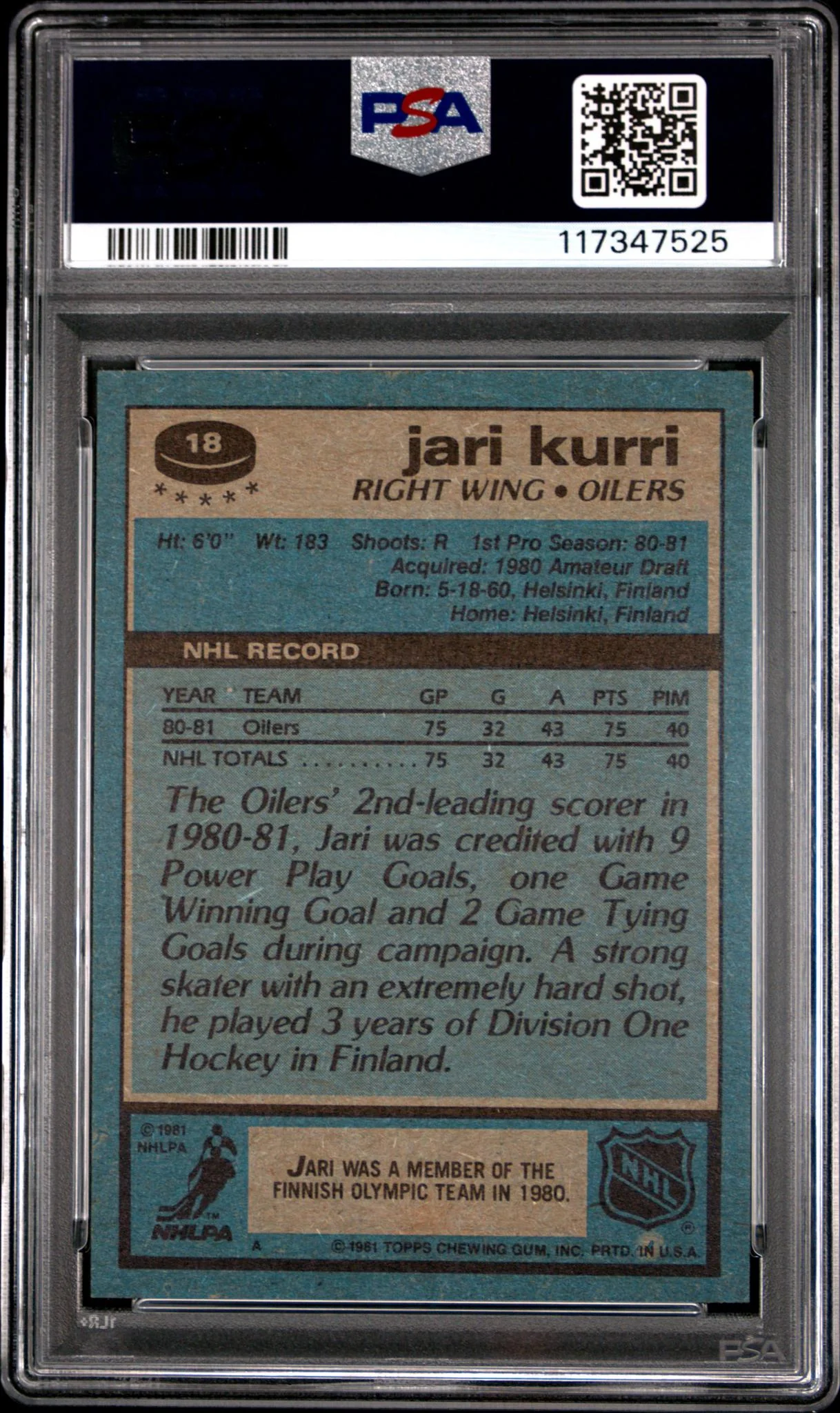 1981 Topps Jari Kurri #18 RC PSA 8 - Image 2