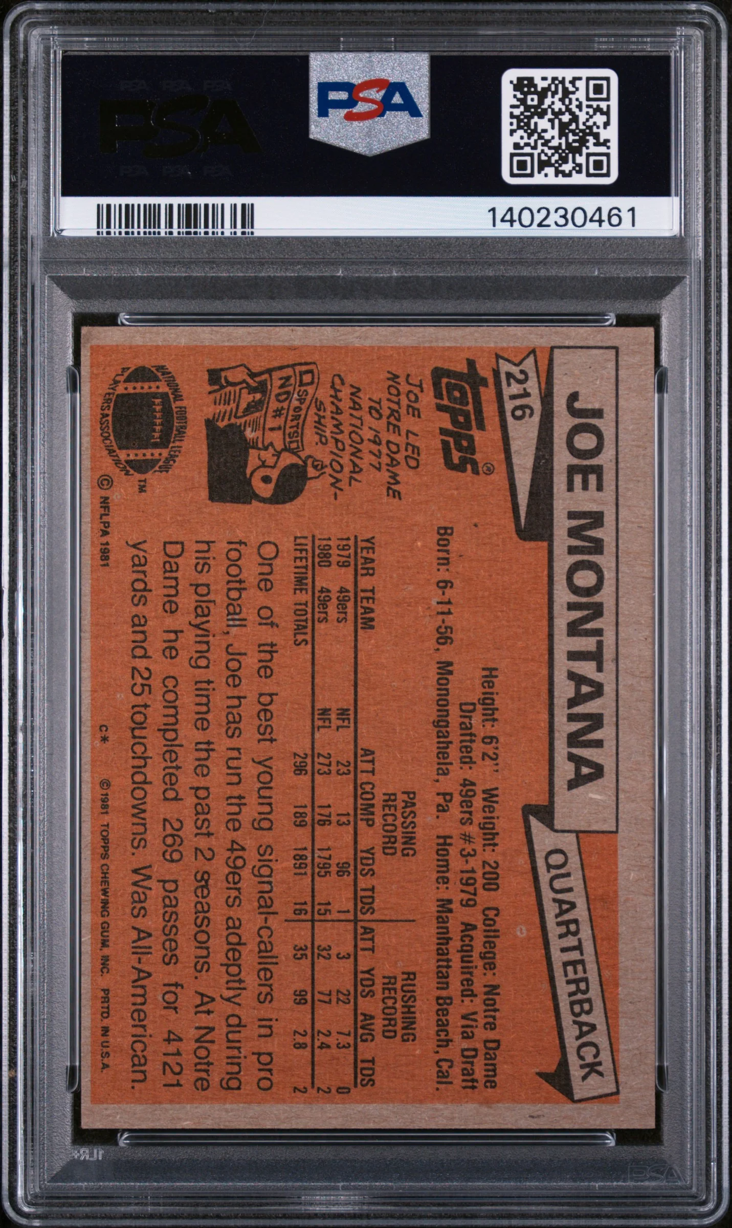 1981 Topps Joe Montana #216 PSA 6 - Image 2