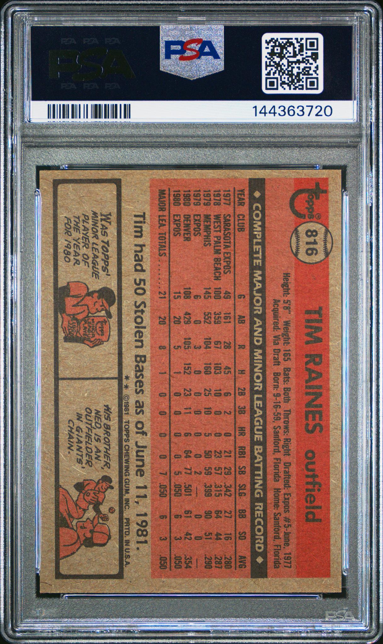 1981 Topps Traded Tim Raines #816 PSA 8 - Image 2
