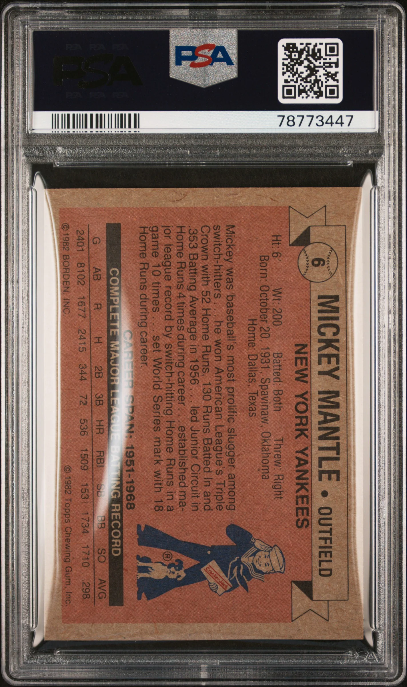 1982 Cracker Jack Hand Cut Mickey Mantle #6 PSA 9 - Image 2