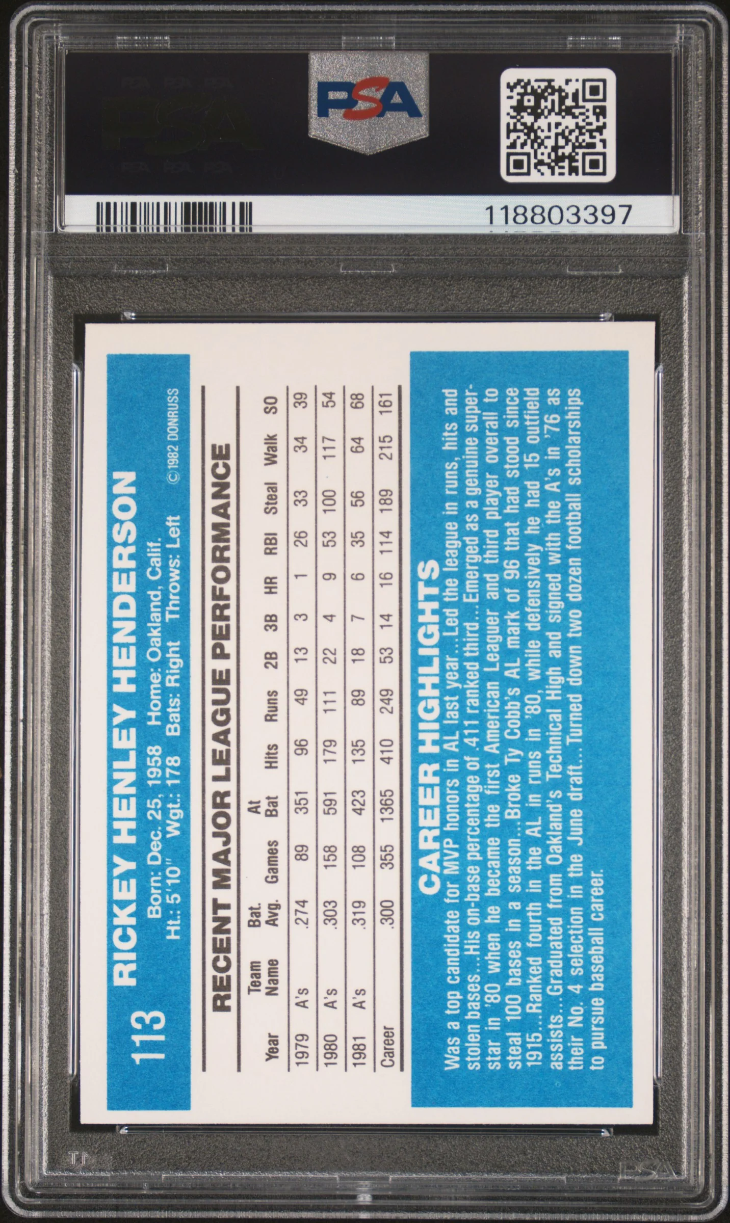 1982 Donruss Rickey Henderson #113 PSA 7 - Image 2
