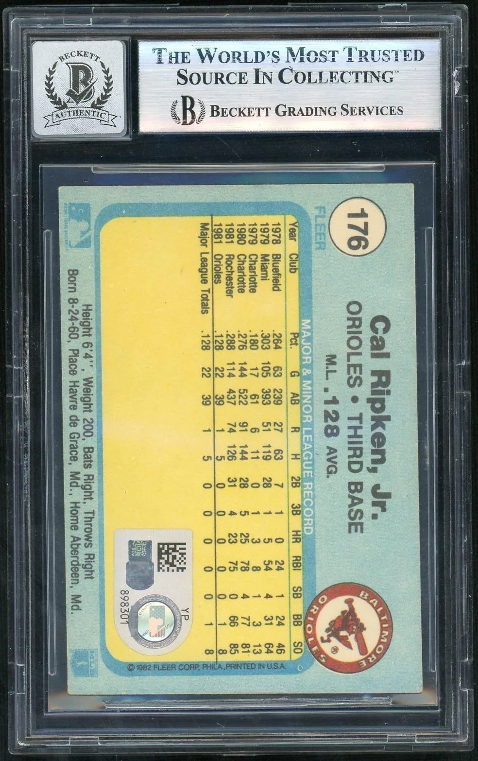 1982 Fleer Cal Ripken Jr. #176 BGS 0 - Image 2
