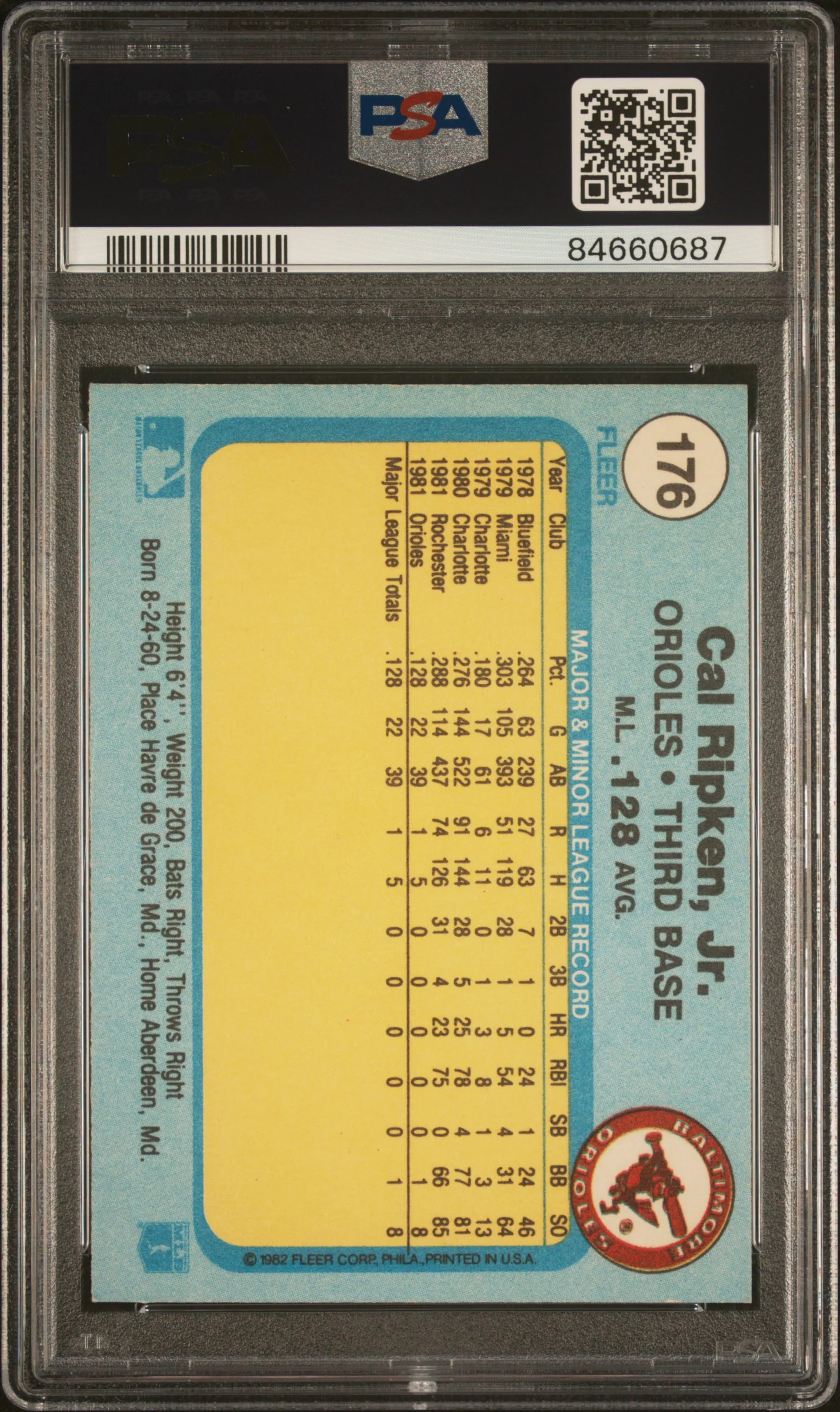 1982 Fleer Cal Ripken Jr. #176 PSA 8 - Image 2
