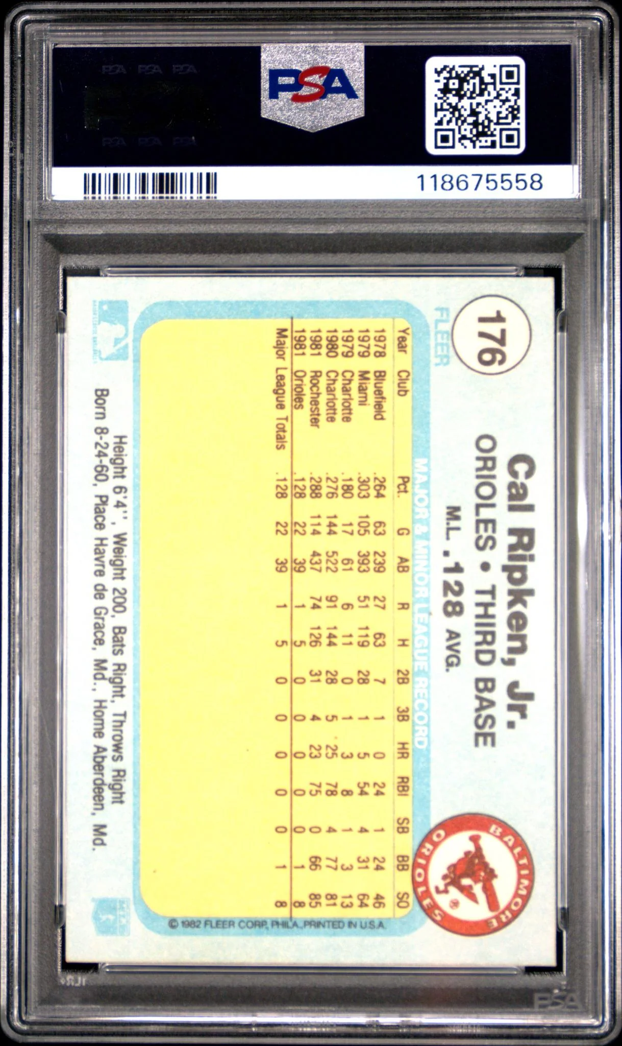 1982 Fleer Cal Ripken Jr. #176 PSA 8 - Image 2