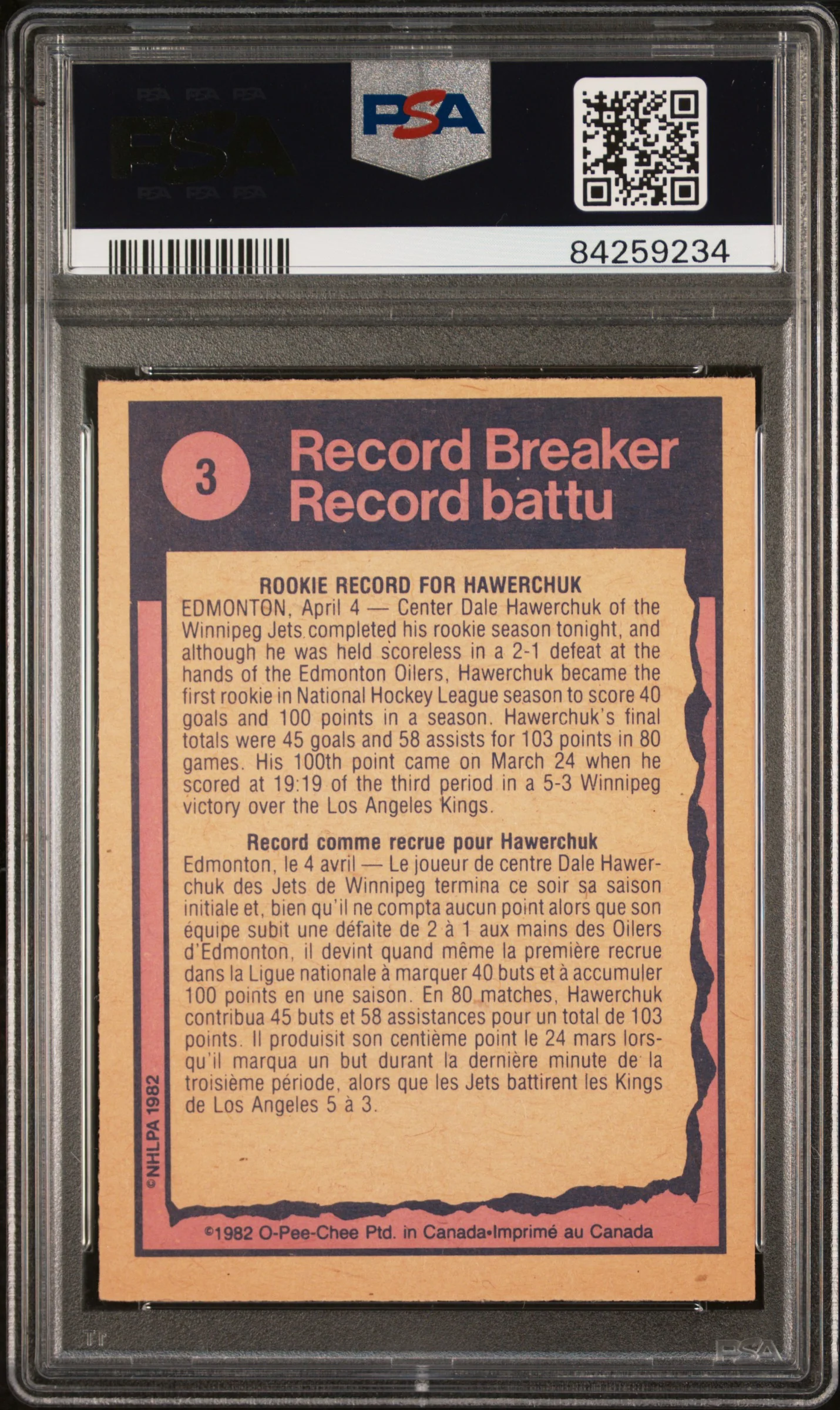 1982 O-Pee-Chee Record Breaker Dale Hawerchuk #3 PSA 8 - Image 2