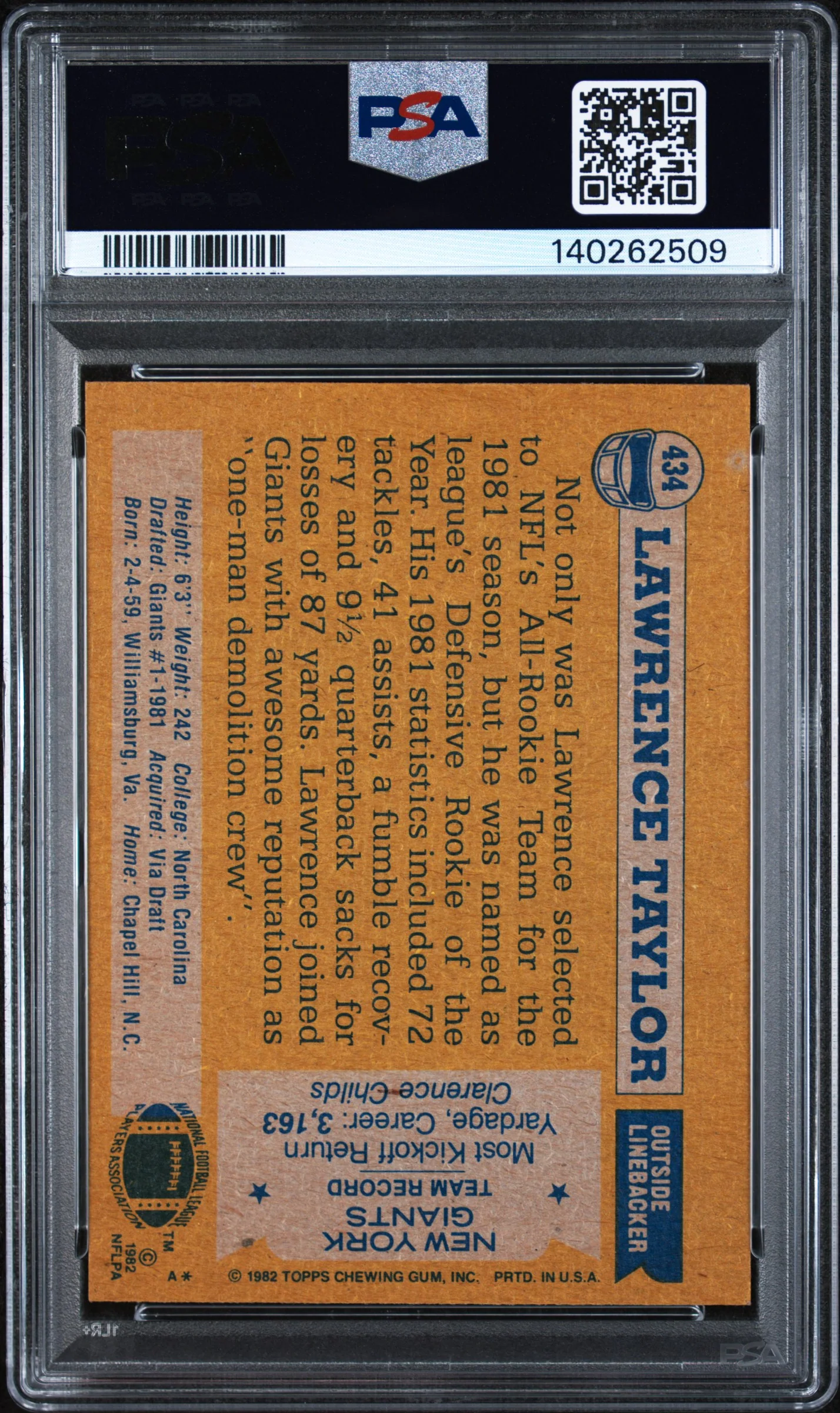 1982 Topps All Pro Lawrence Taylor #434 PSA 7 - Image 2