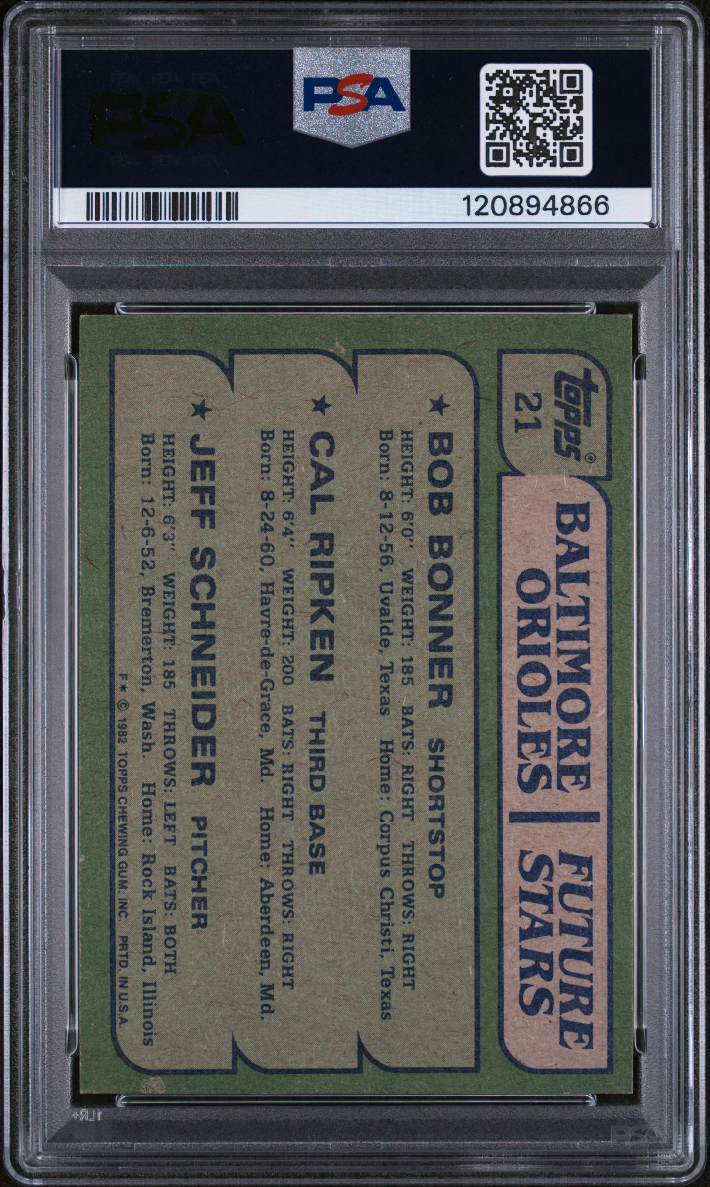 1982 Topps Bob Bonner / Cal Ripken / Jeff Schneider Orioles Future Stars PSA 8 - Image 2