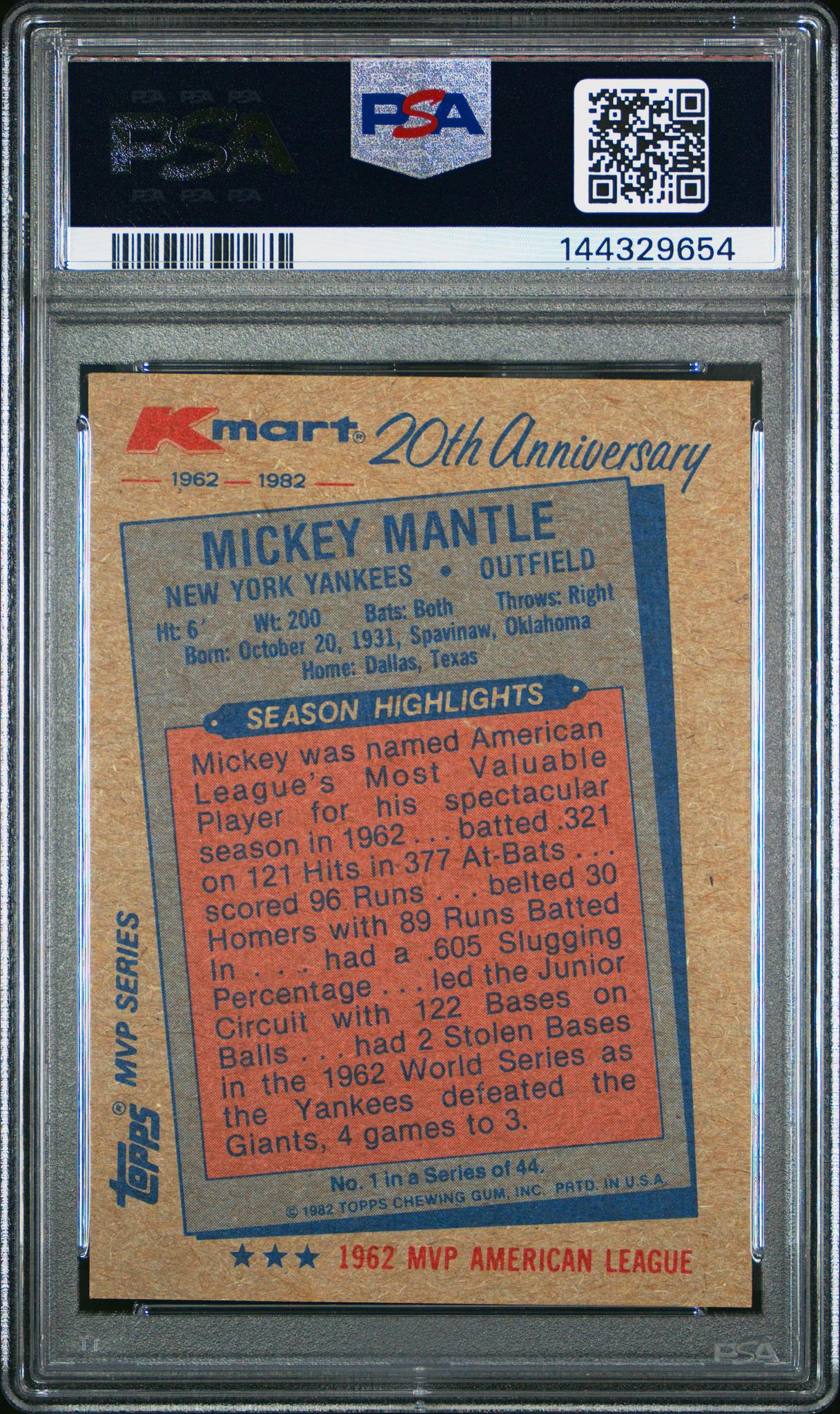 1982 Topps K-Mart Mickey Mantle #1 PSA 9 - Image 2