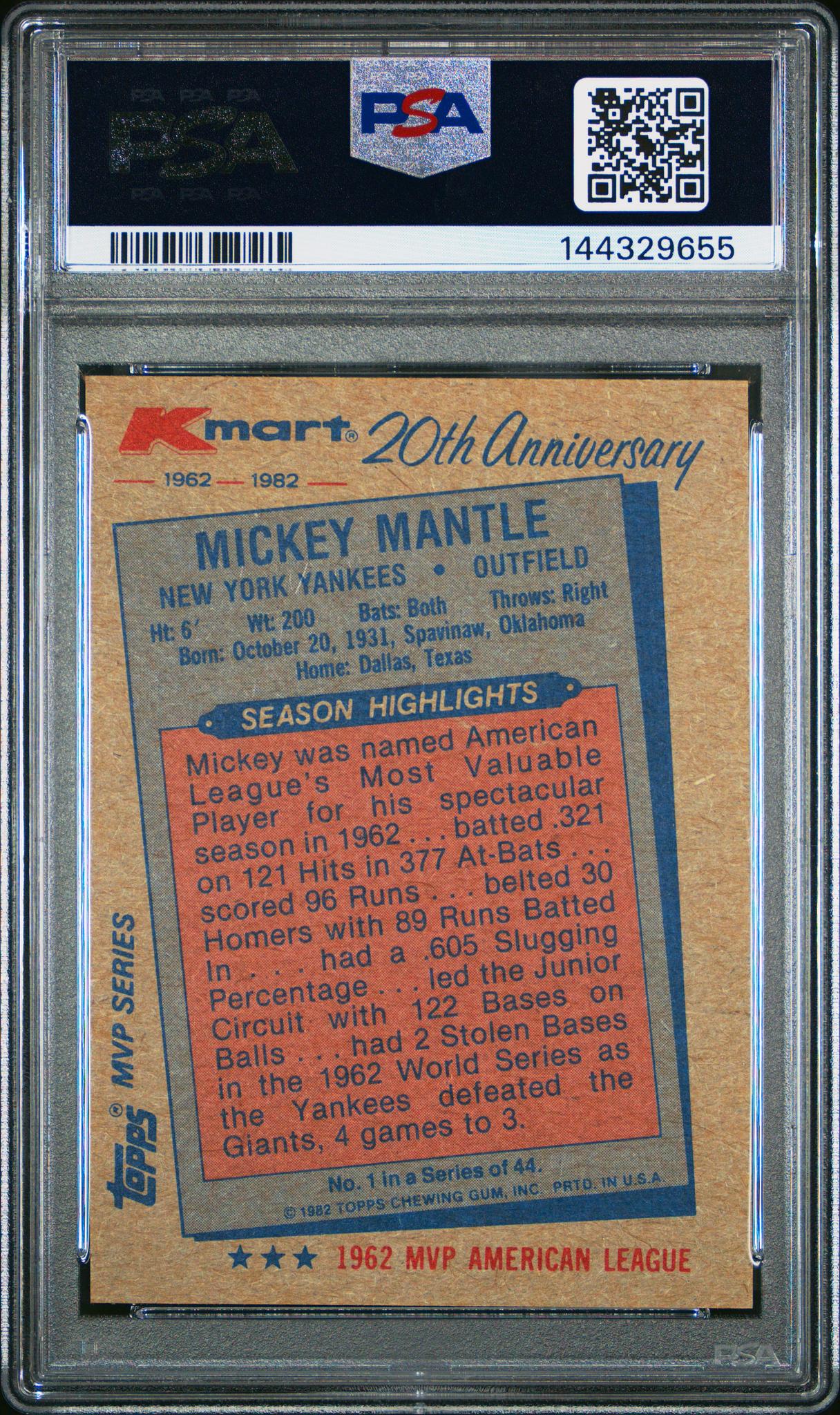 1982 Topps K-Mart Mickey Mantle #1 PSA 9 - Image 2