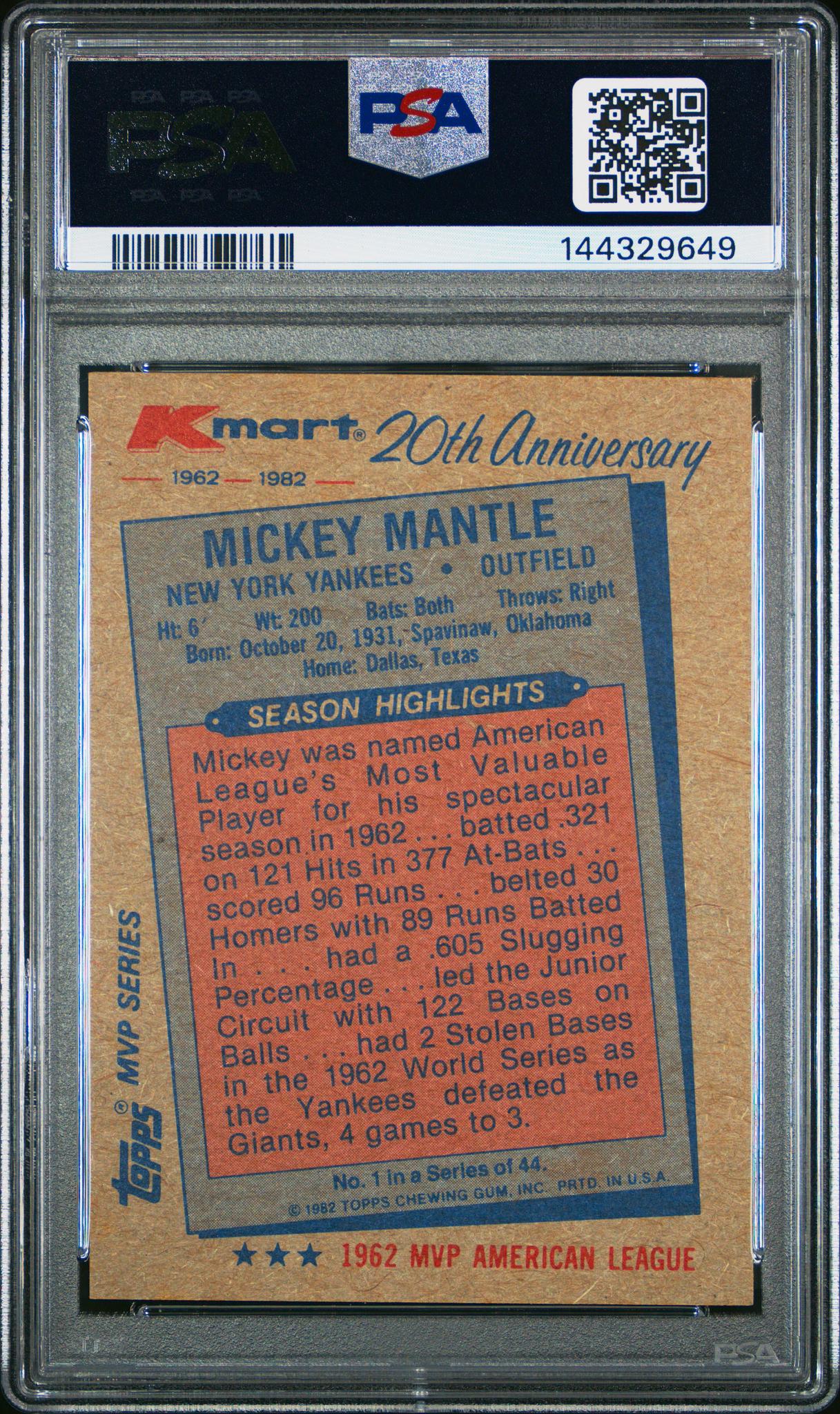 1982 Topps K-Mart Mickey Mantle #1 PSA 9 - Image 2