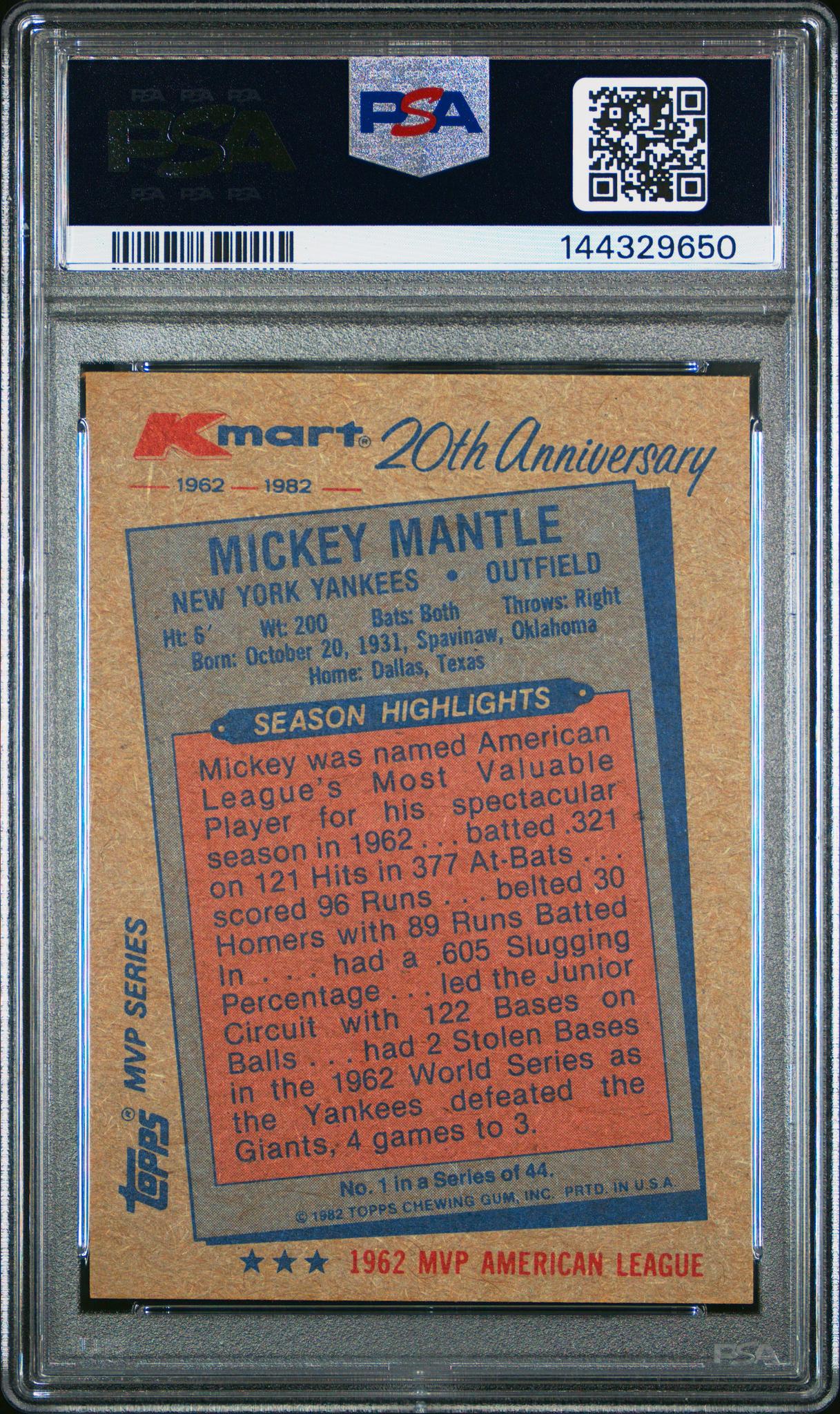1982 Topps K-Mart Mickey Mantle #1 PSA 9 - Image 2