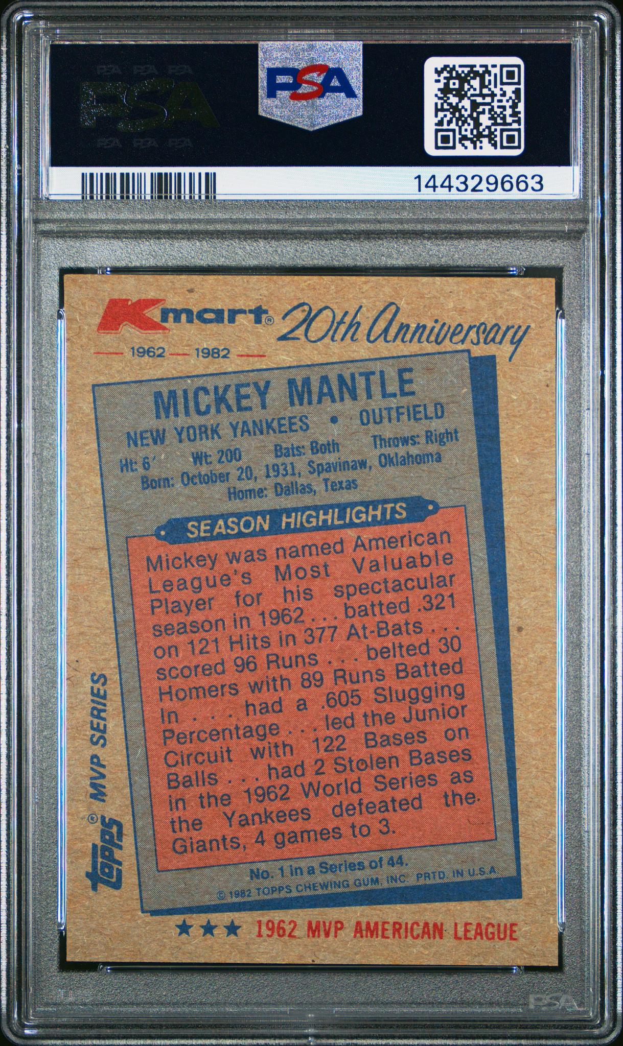 1982 Topps K-Mart Mickey Mantle #1 PSA 9 - Image 2