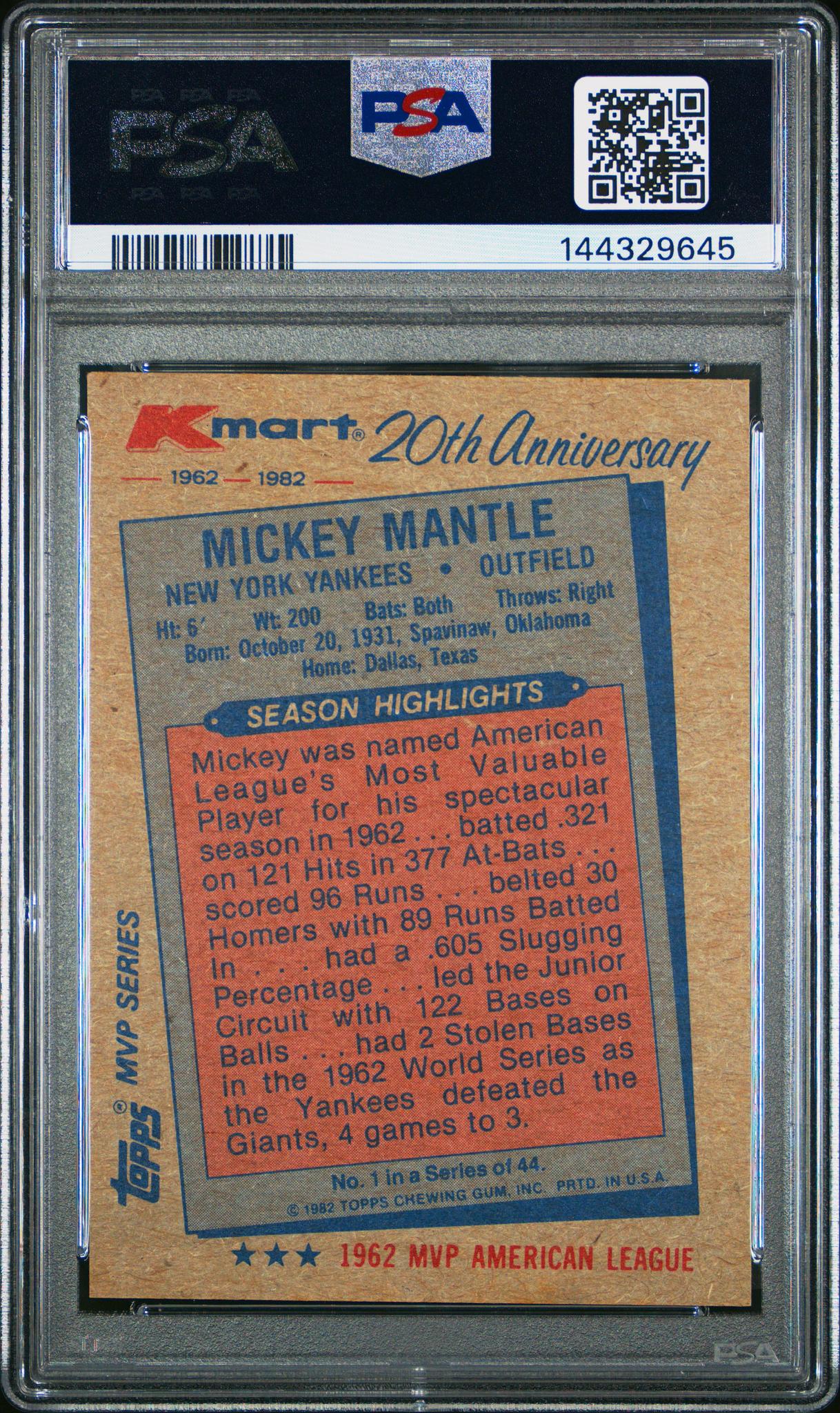 1982 Topps K-Mart Mickey Mantle #1 PSA 9 - Image 2