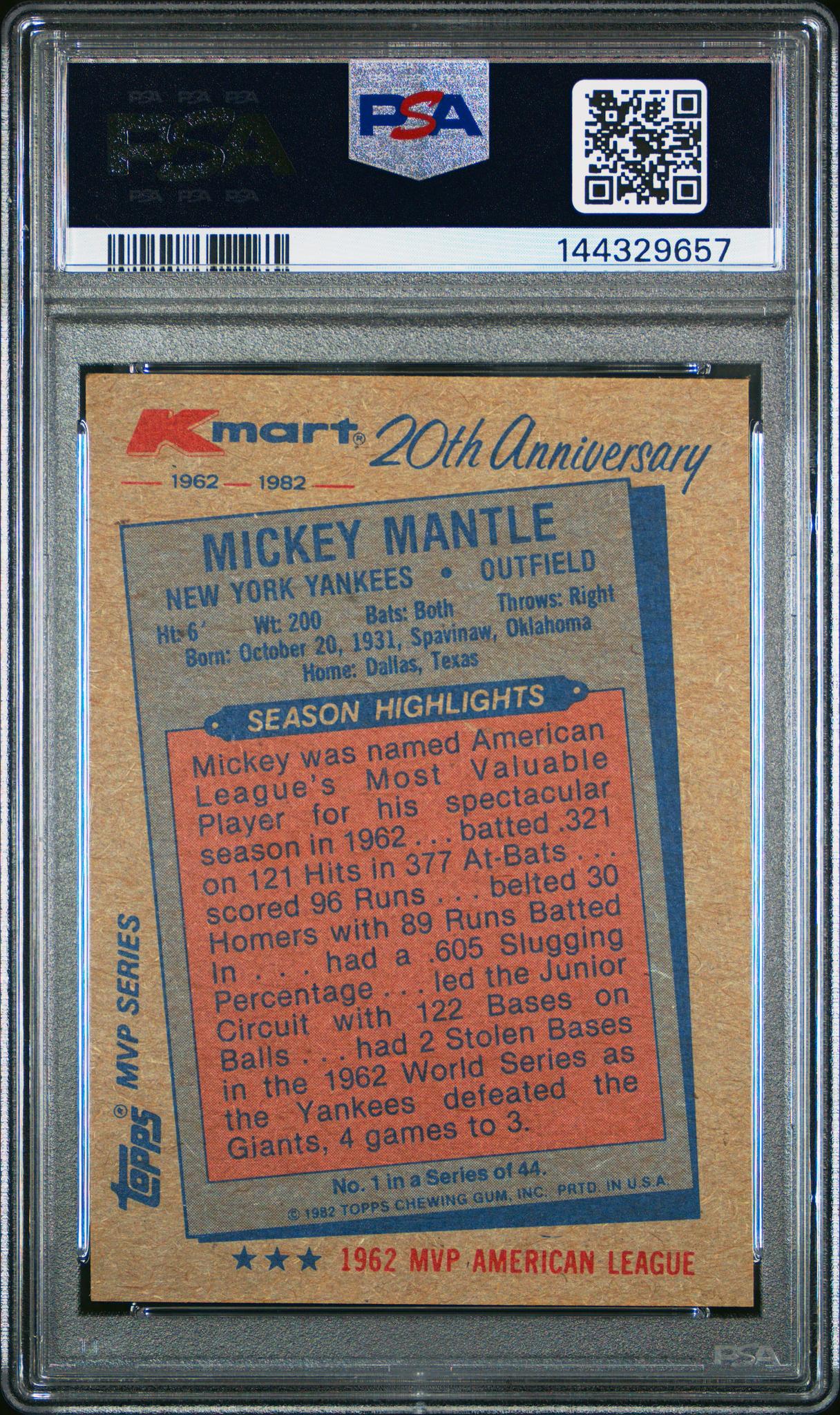 1982 Topps K-Mart Mickey Mantle #1 PSA 9 - Image 2