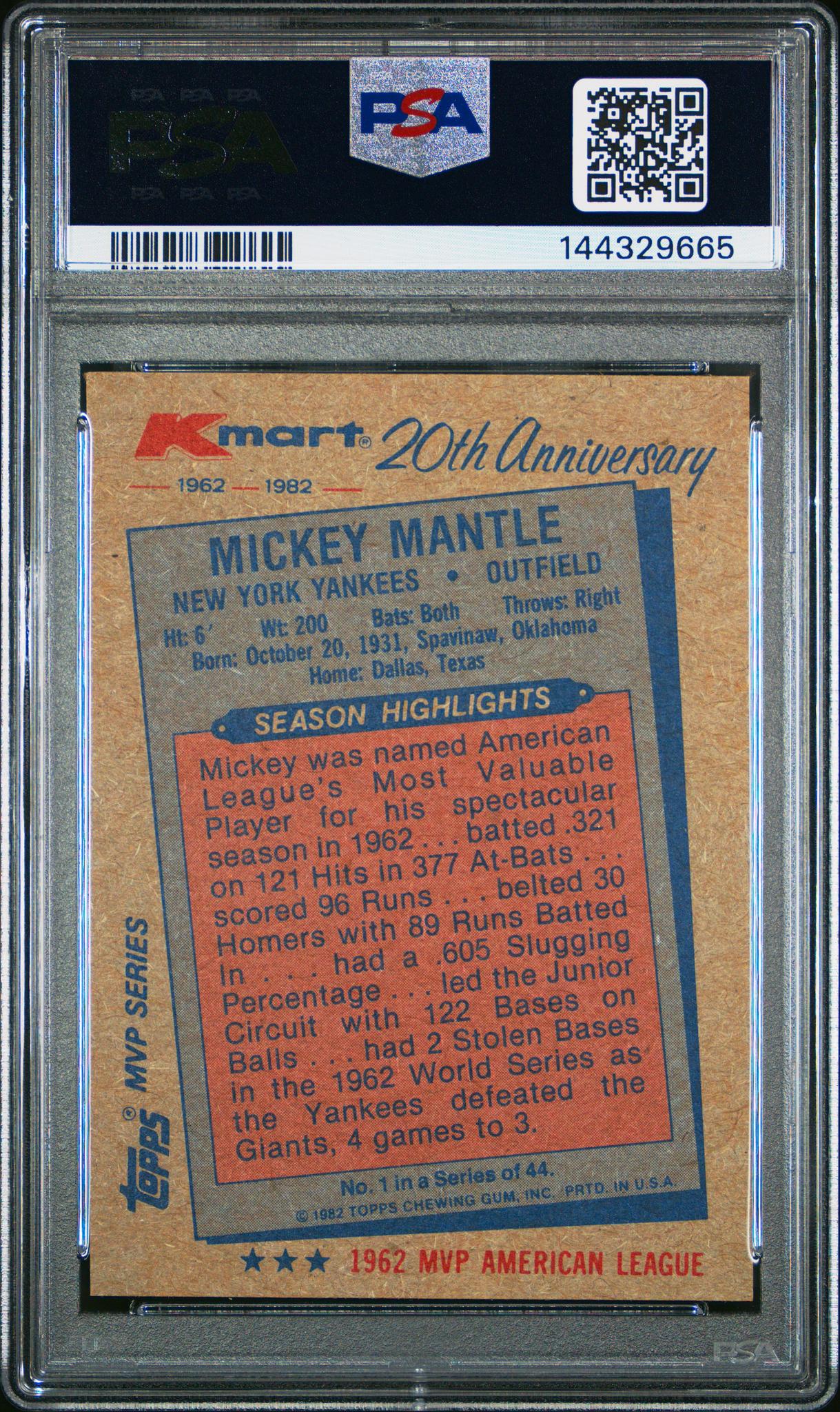 1982 Topps K-Mart Mickey Mantle #1 PSA 9 - Image 2