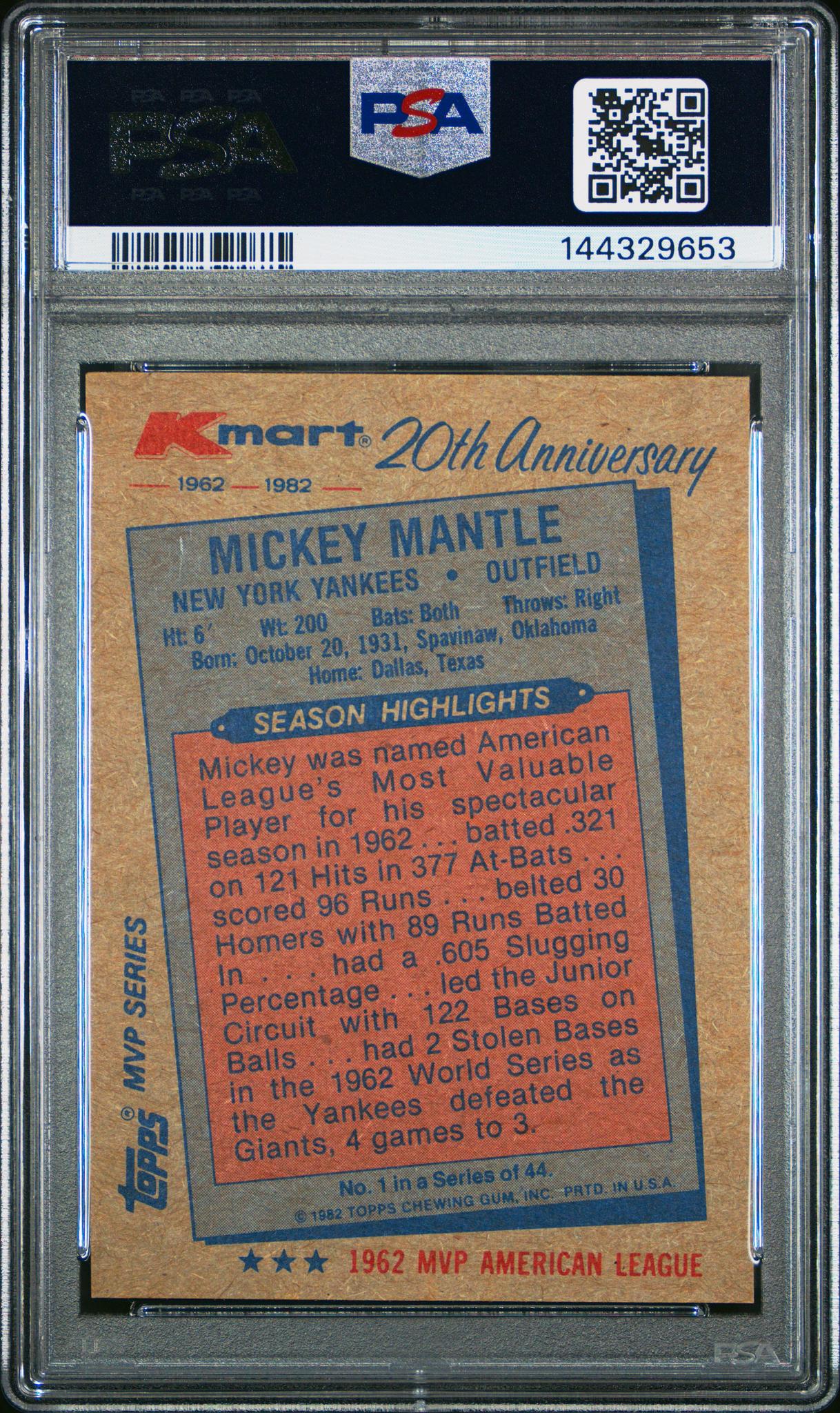 1982 Topps K-Mart Mickey Mantle #1 PSA 8 - Image 2