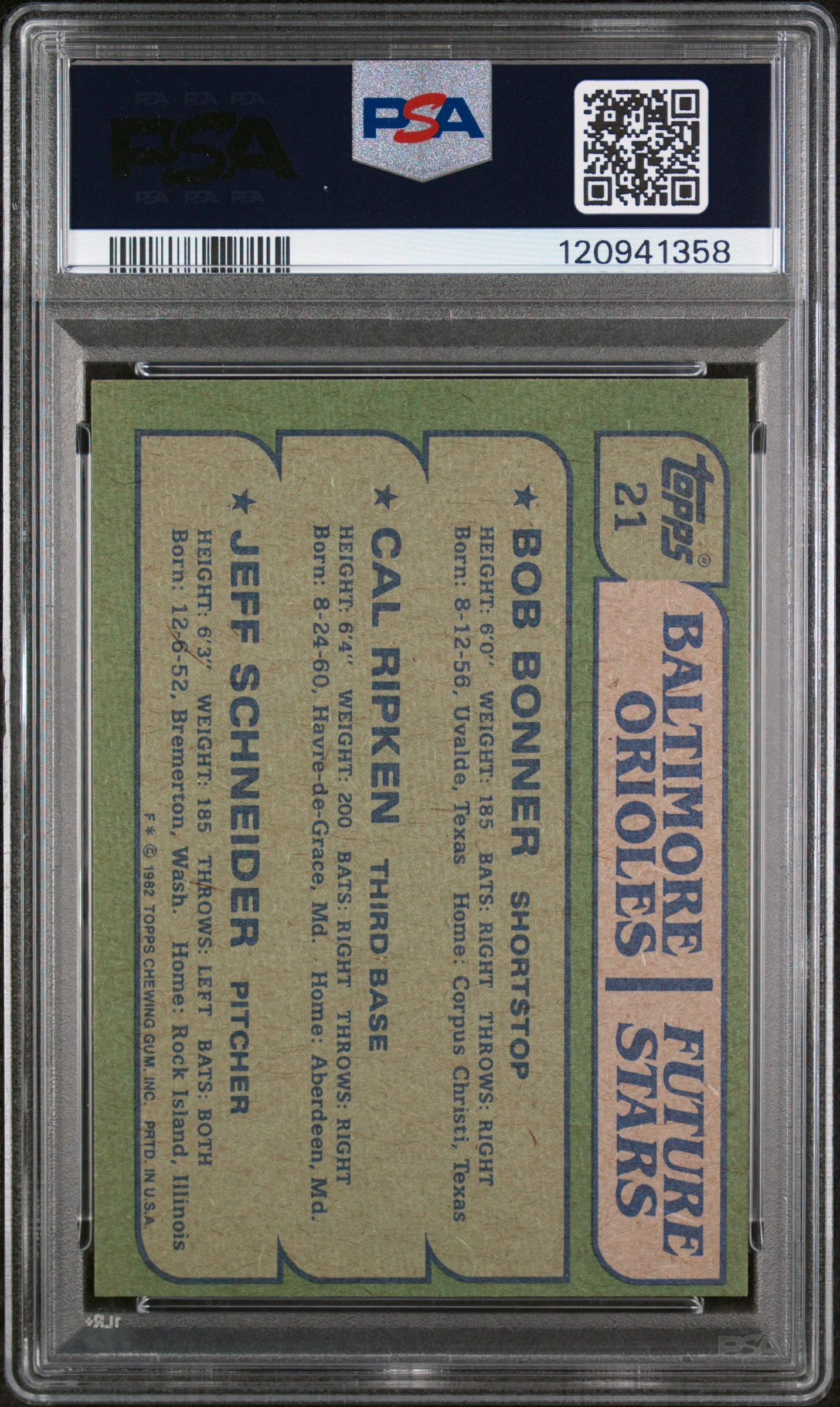 1982 Topps Orioles Future Stars Bob Bonner/Cal Ripken Jr./Jeff Schneider #21 PSA 8 - Image 2