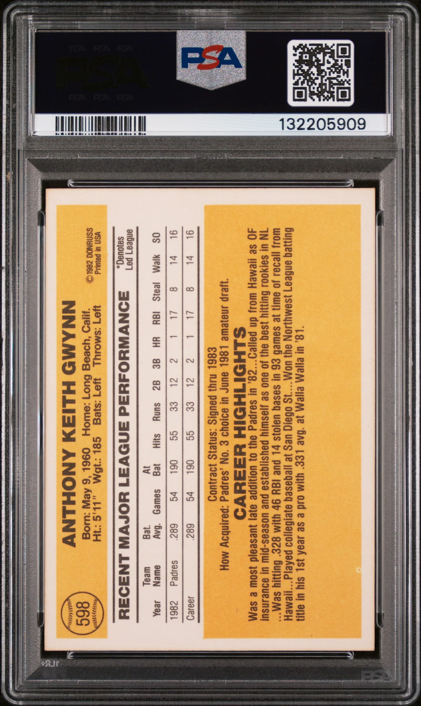 1983 Donruss Tony Gwynn #598 PSA 8 - Image 2