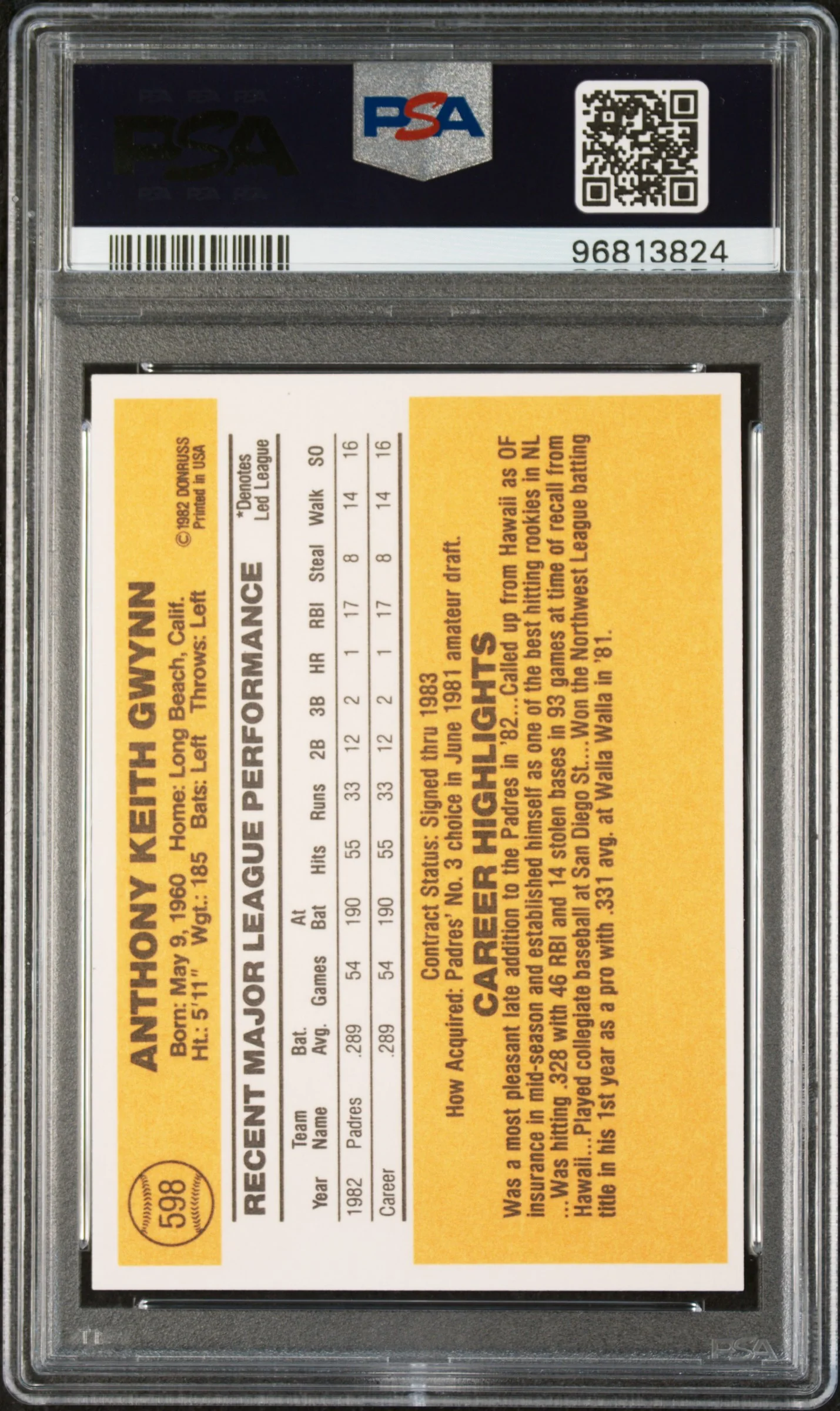 1983 Donruss Tony Gwynn #598 RC PSA 9 - Image 2