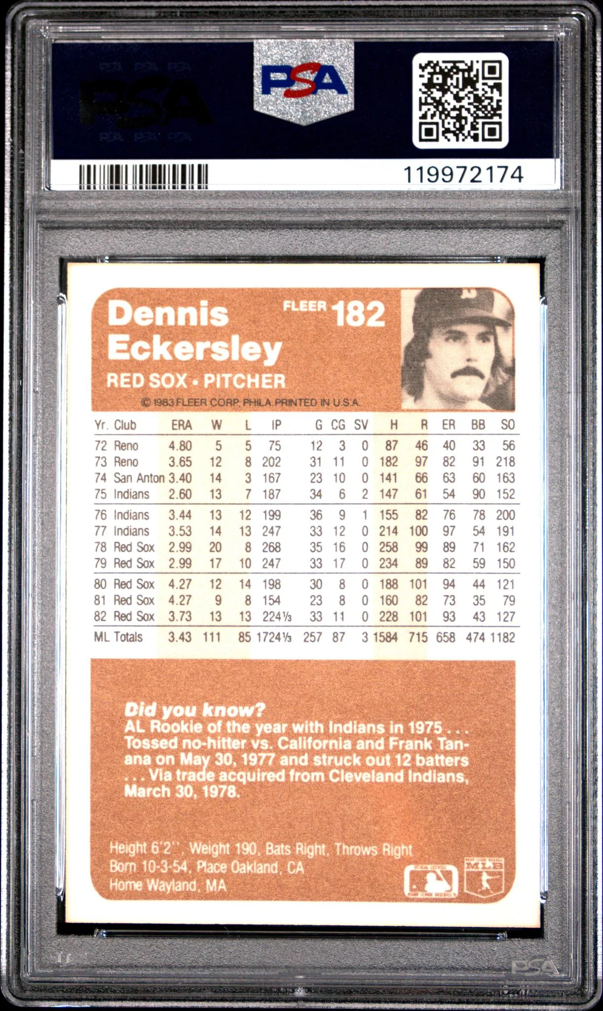 1983 Fleer Dennis Eckersley #182 PSA 10 - Image 2