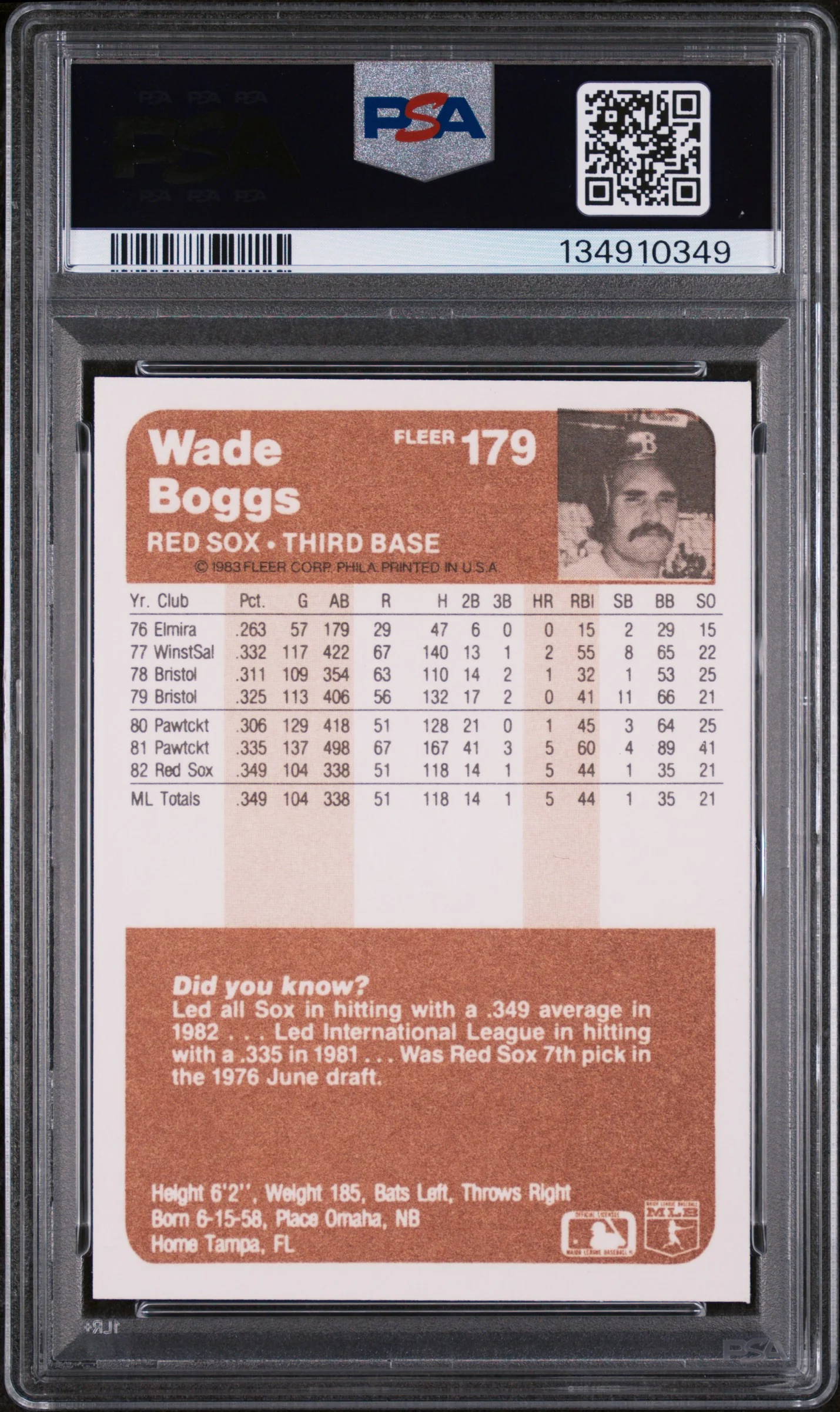 1983 Fleer Tradition Wade Boggs #179 PSA 9 - Image 2