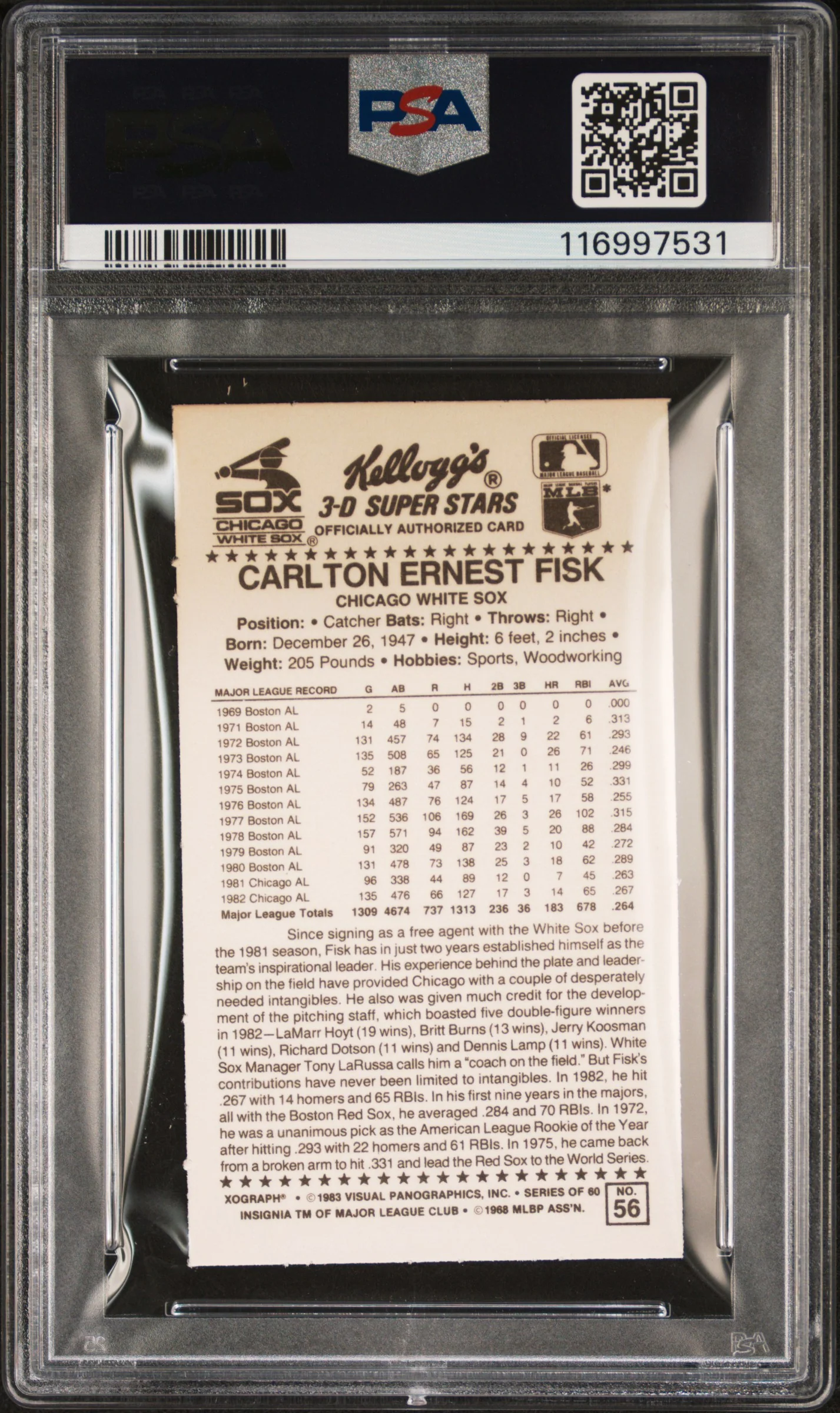 1983 Kellogg's 3-D Super Stars Carlton Fisk #56 PSA 9 - Image 2
