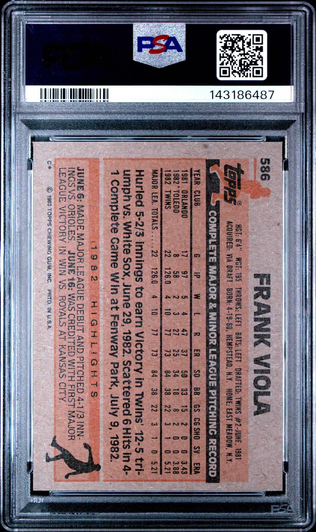 1983 Topps Frank Viola #586 PSA 8 - Image 2
