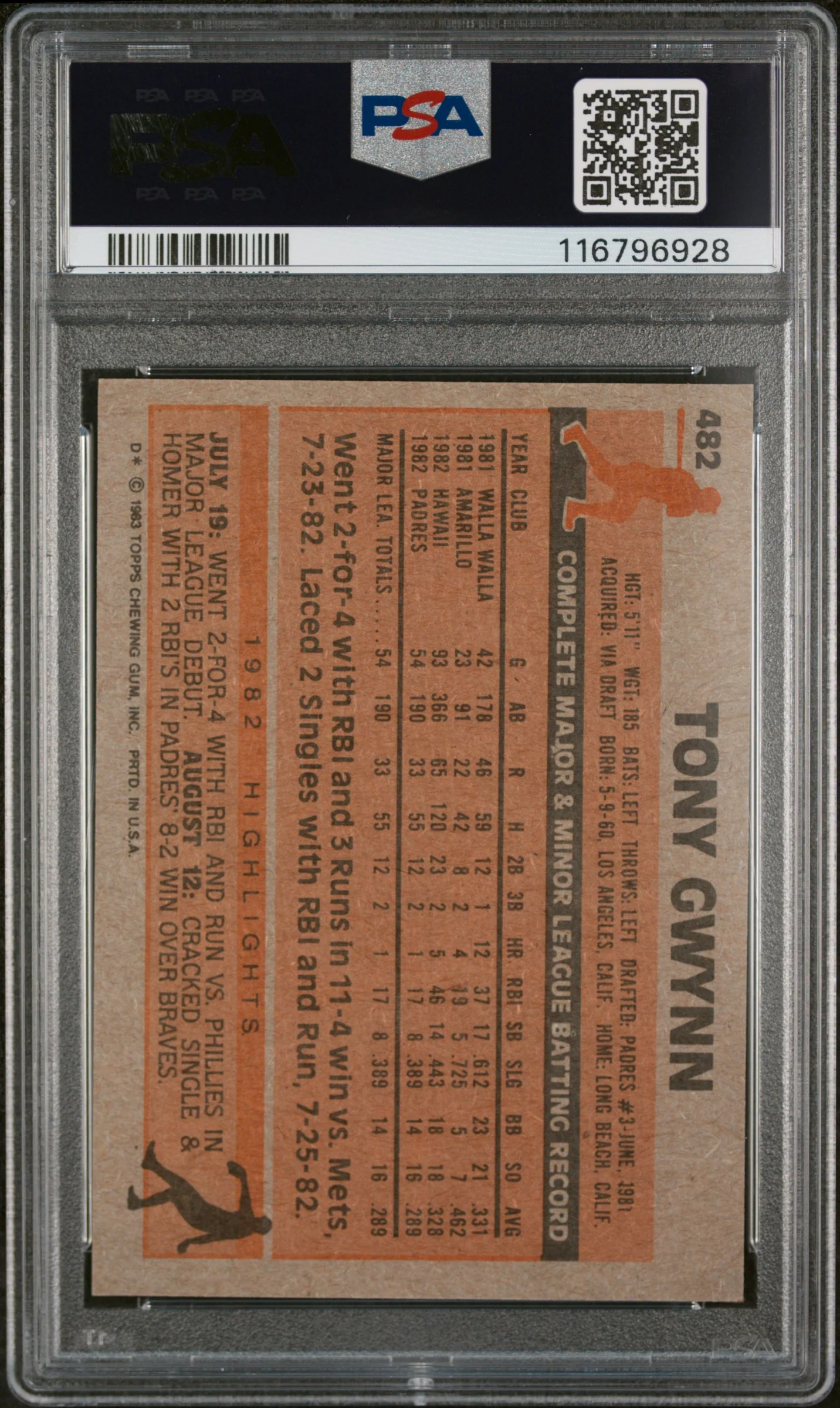 1983 Topps Tony Gwynn #482 PSA 9 - Image 2