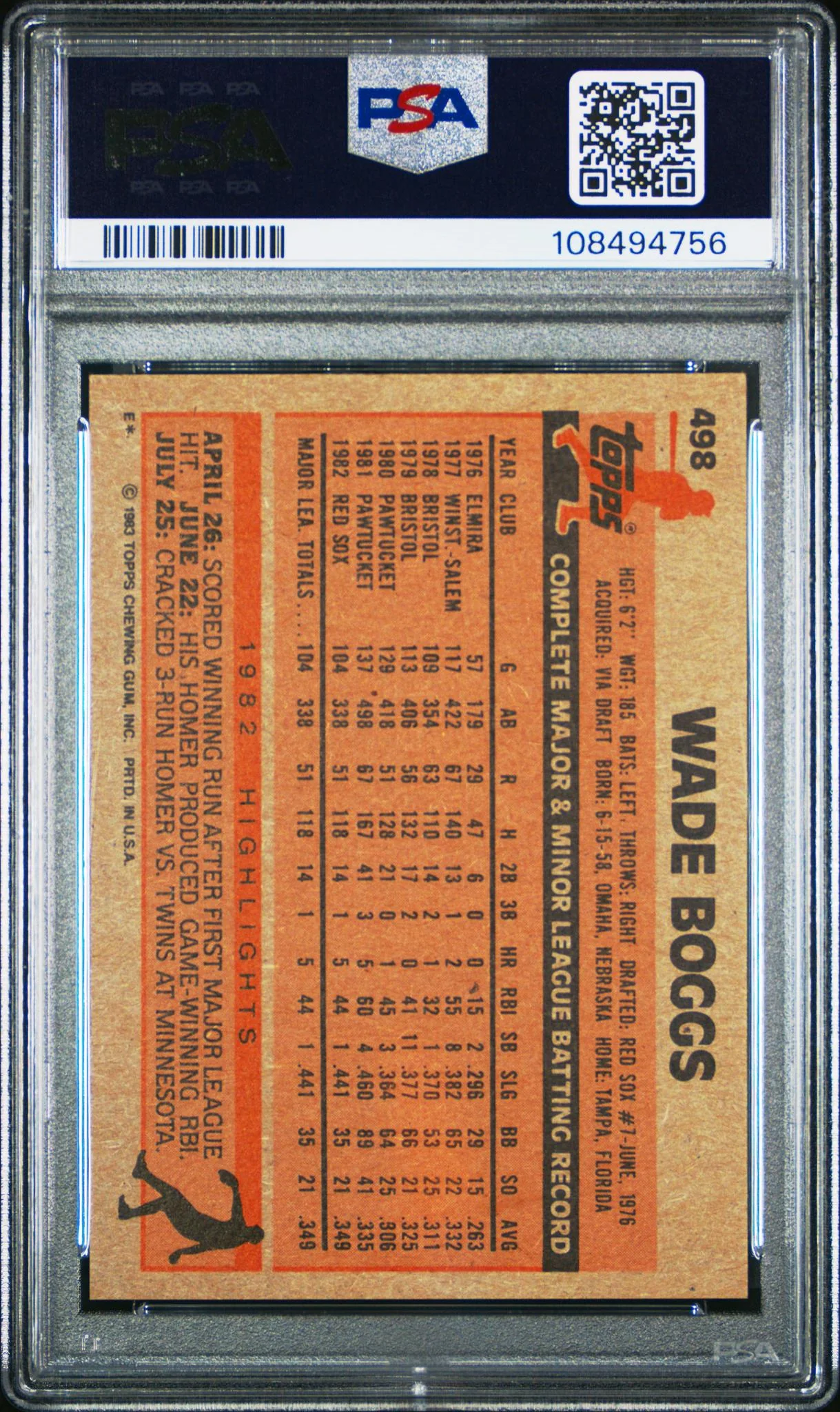 1983 Topps Wade Boggs #498 PSA 9 - Image 2