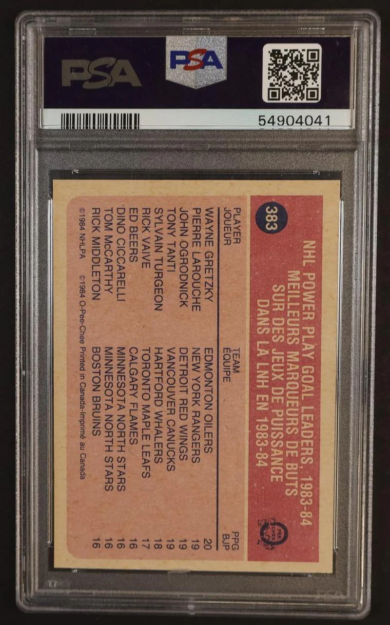 1984 O-Pee-Chee Power Play Goal Leader Wayne Gretzky #383 PSA 5 - Image 2
