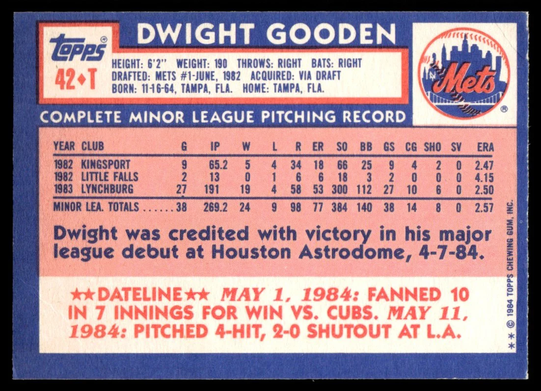 1984 Topps Traded Dwight Gooden #42T XRC - Image 2