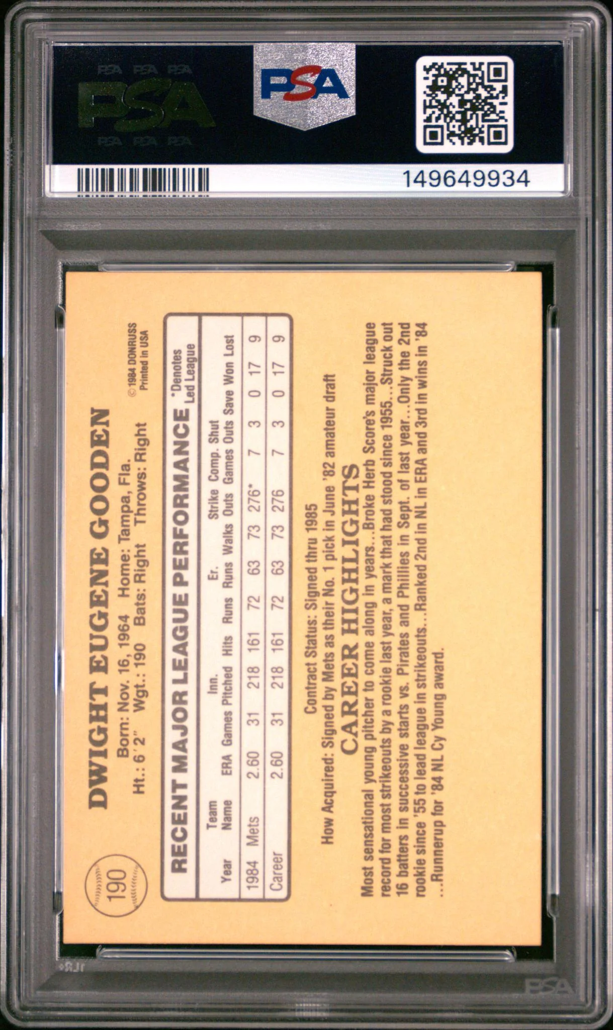 1985 Donruss Dwight Gooden #190 PSA 10 - Image 2