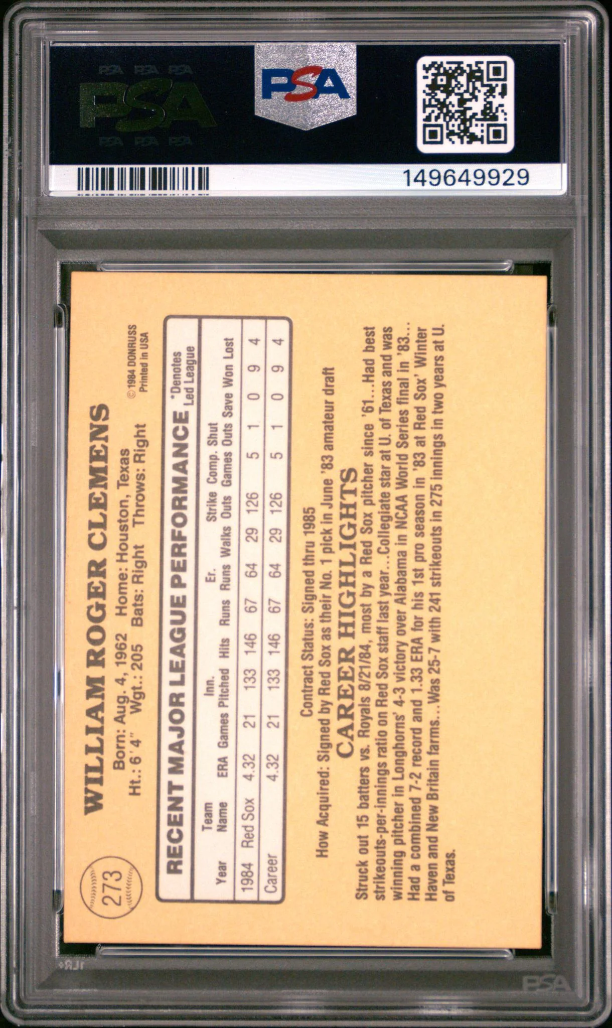 1985 Donruss Roger Clemens #273 PSA 9 - Image 2