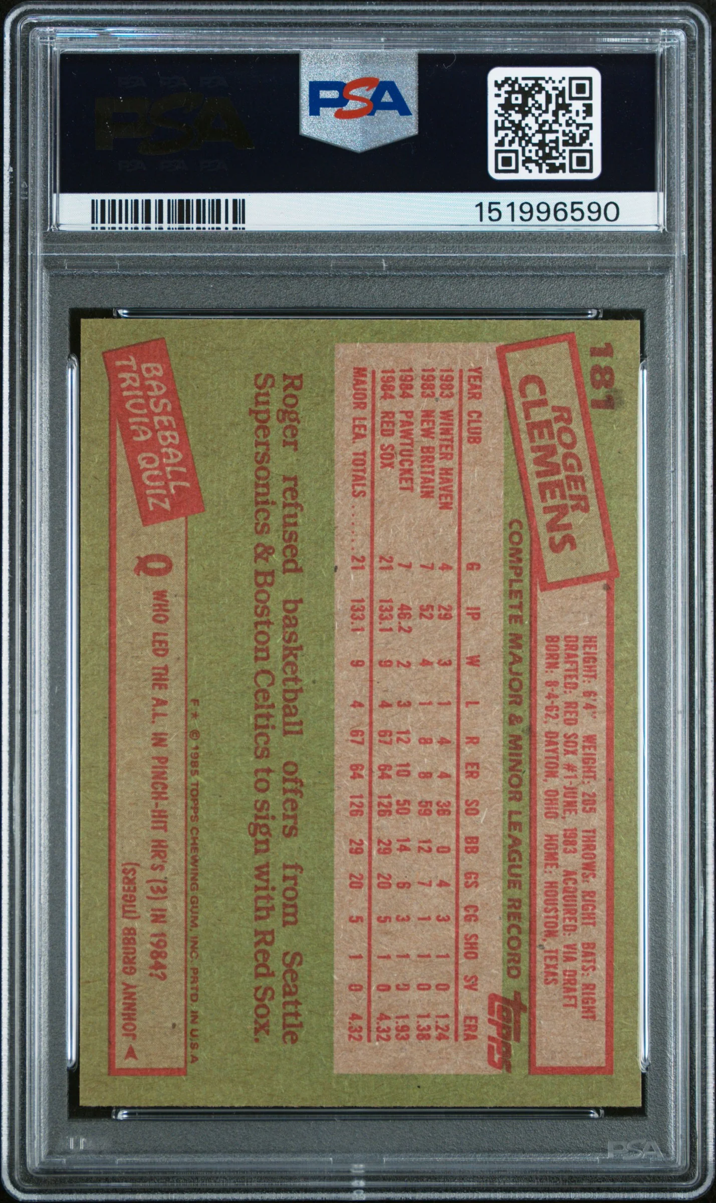 1985 Topps Roger Clemens #181 PSA 9 - Image 2