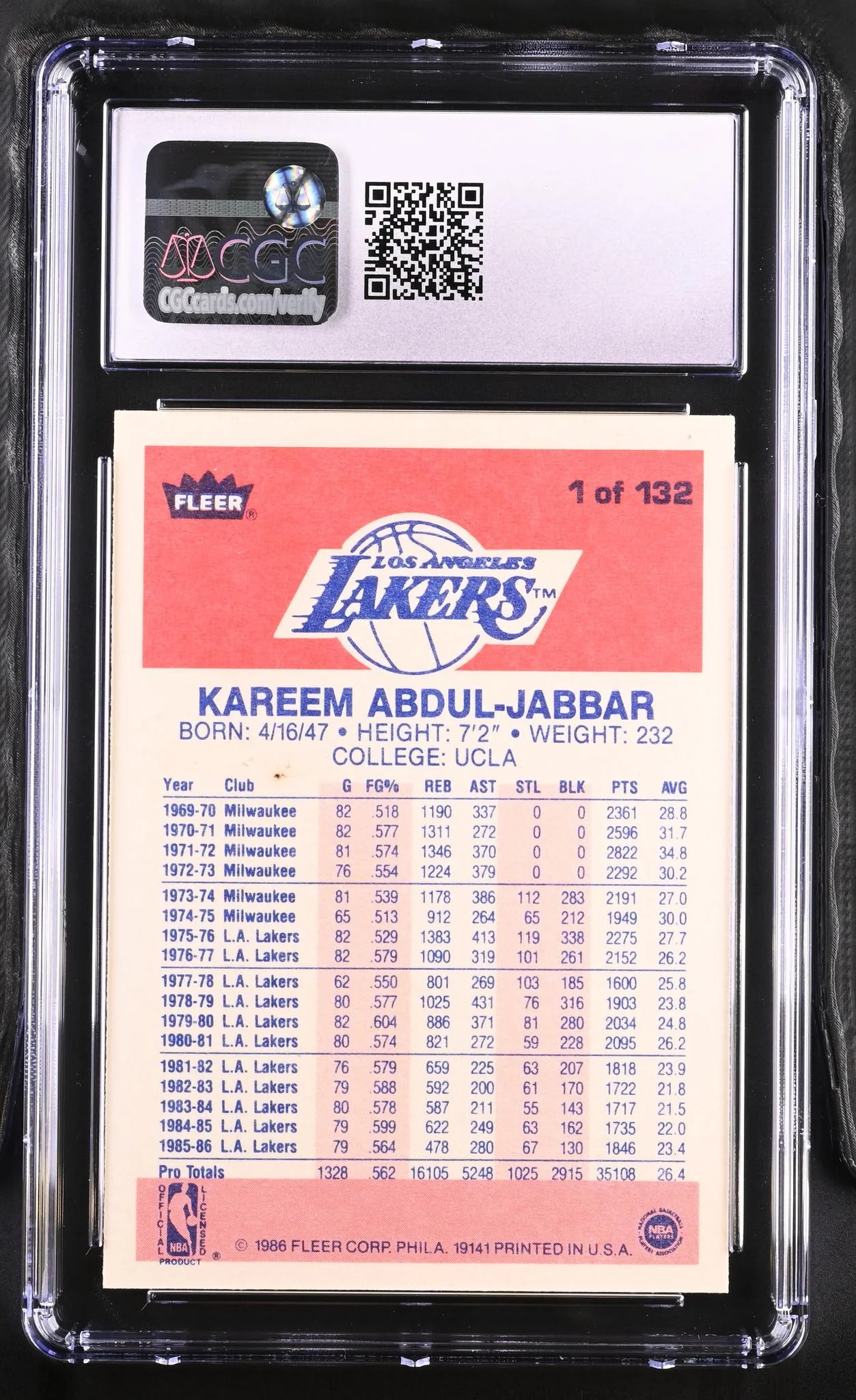 1986-87 Fleer Kareem Abdul-Jabbar #1 CGC 8.5 - Image 2