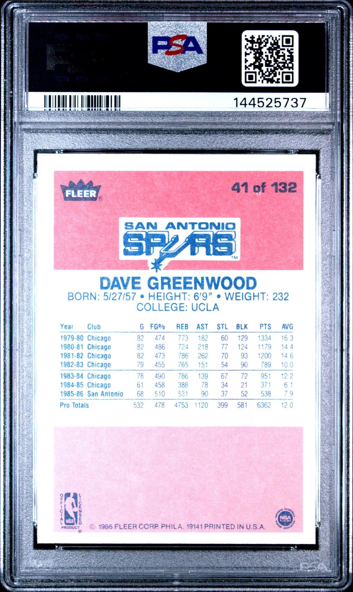1986 Fleer David Greenwood #41 /41 PSA 9 - Image 2