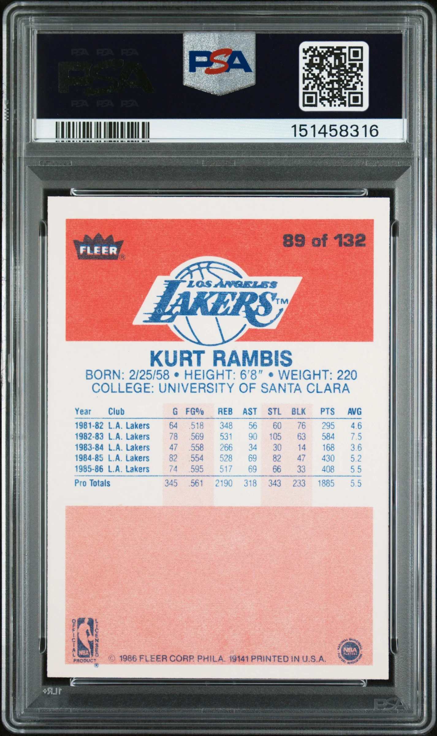 1986 Fleer Kurt Rambis #89 PSA 8 - Image 2