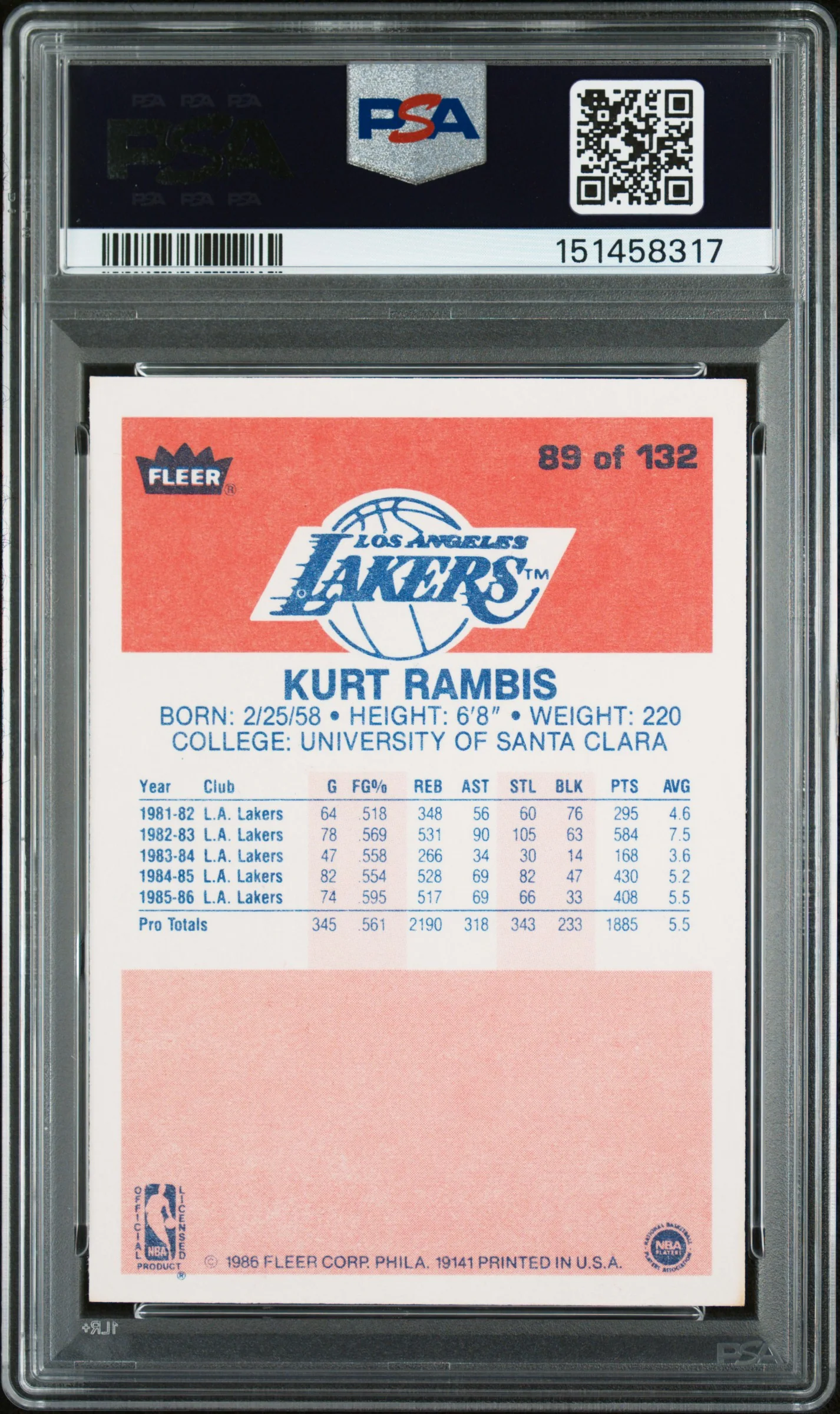 1986 Fleer Kurt Rambis #89 PSA 8 - Image 2